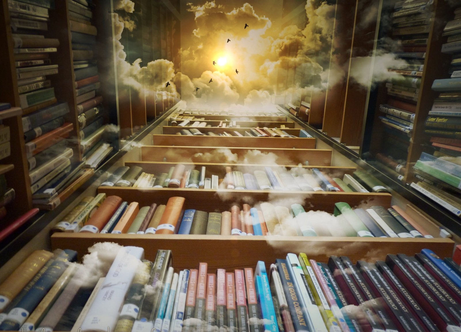 assorted books library sky birds mystical clouds sun fantastic 70 2k