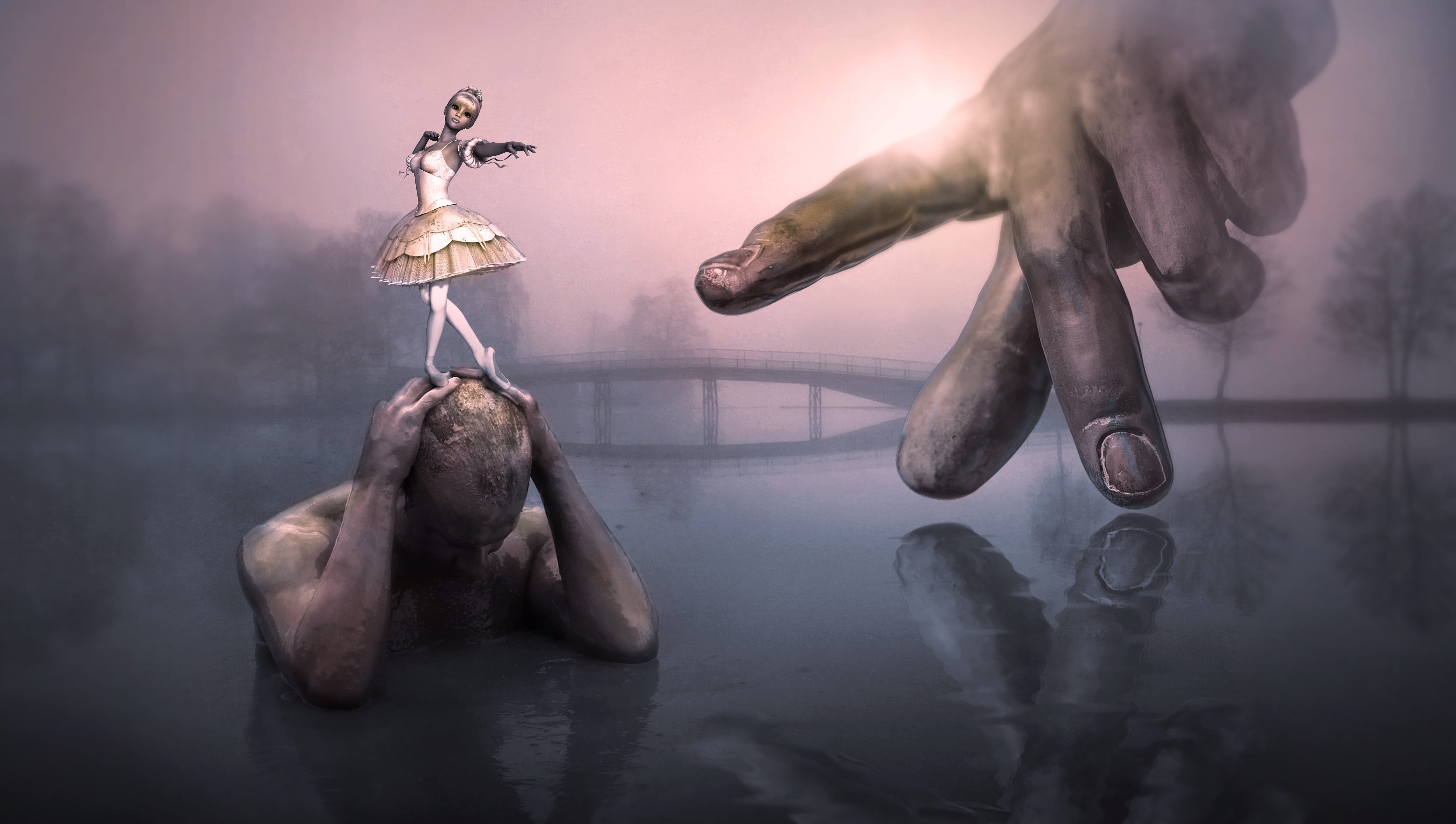 ballet dancer on top of persons head artwork fantasy surreal 2k 4k 5k