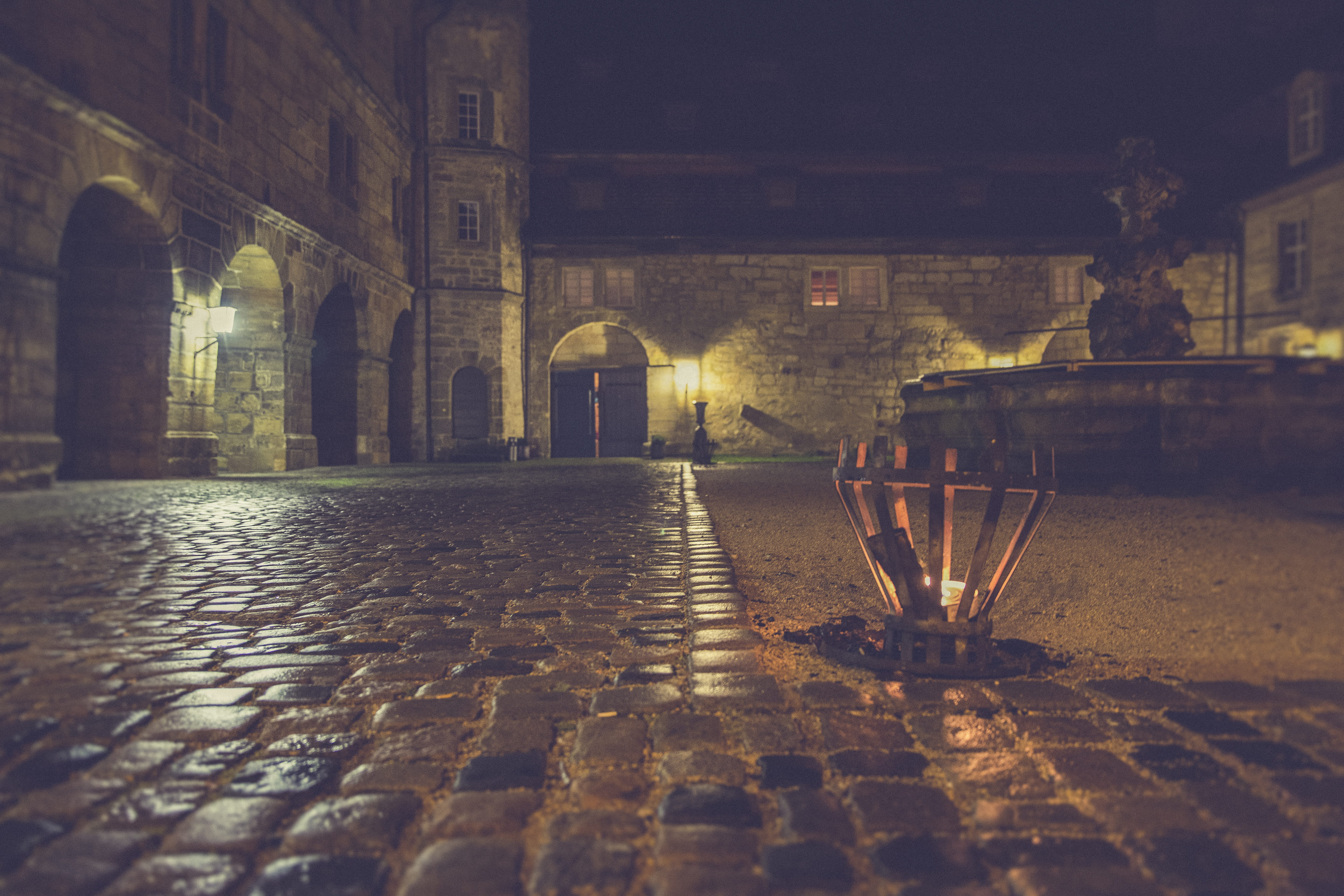 Brown Outdoor Lamp Beside Gray Stone Pavement during Nighttime 2k 4k 5k