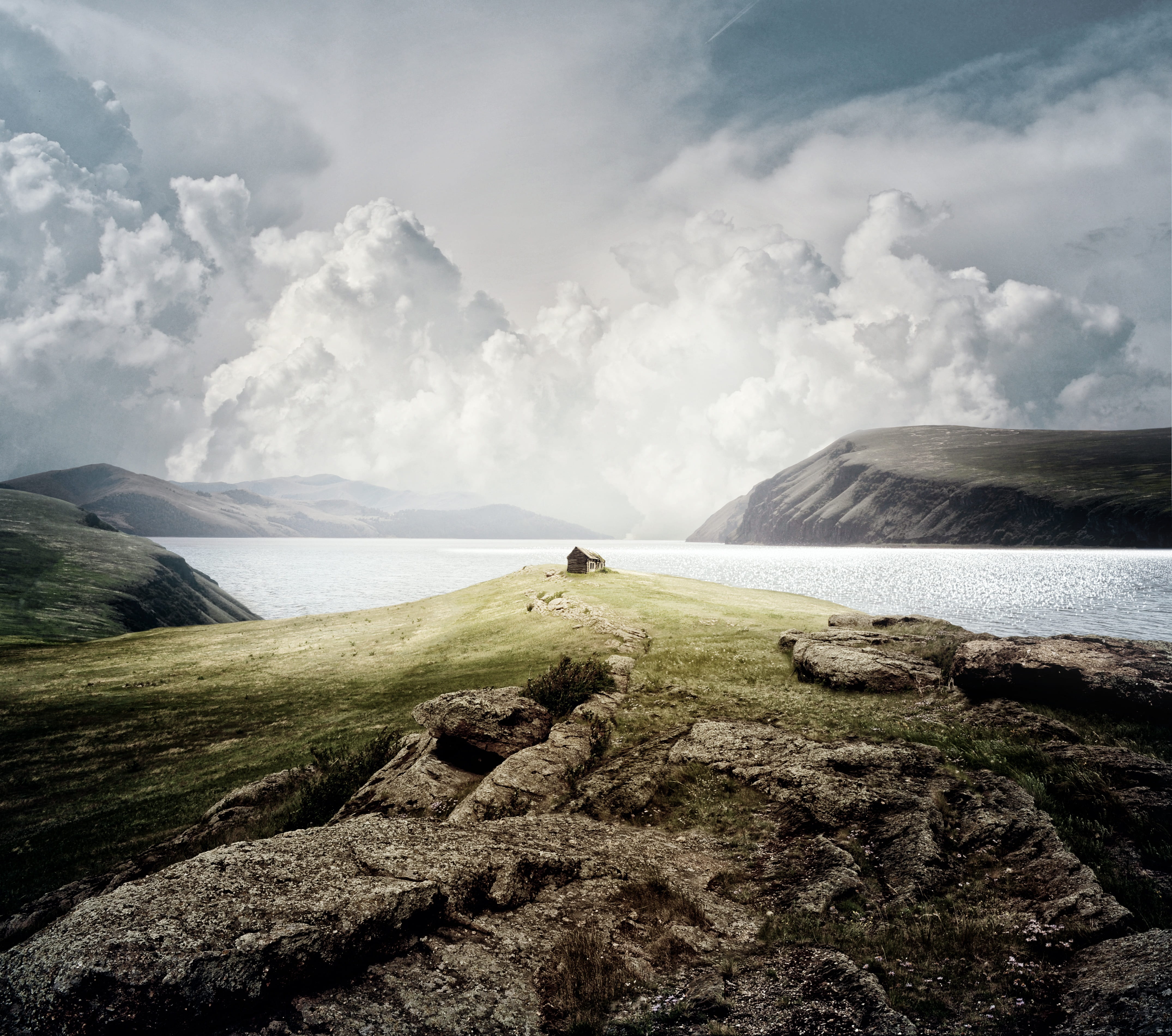 cliff near body of water landscape mountains sea house autumn 2k 4k