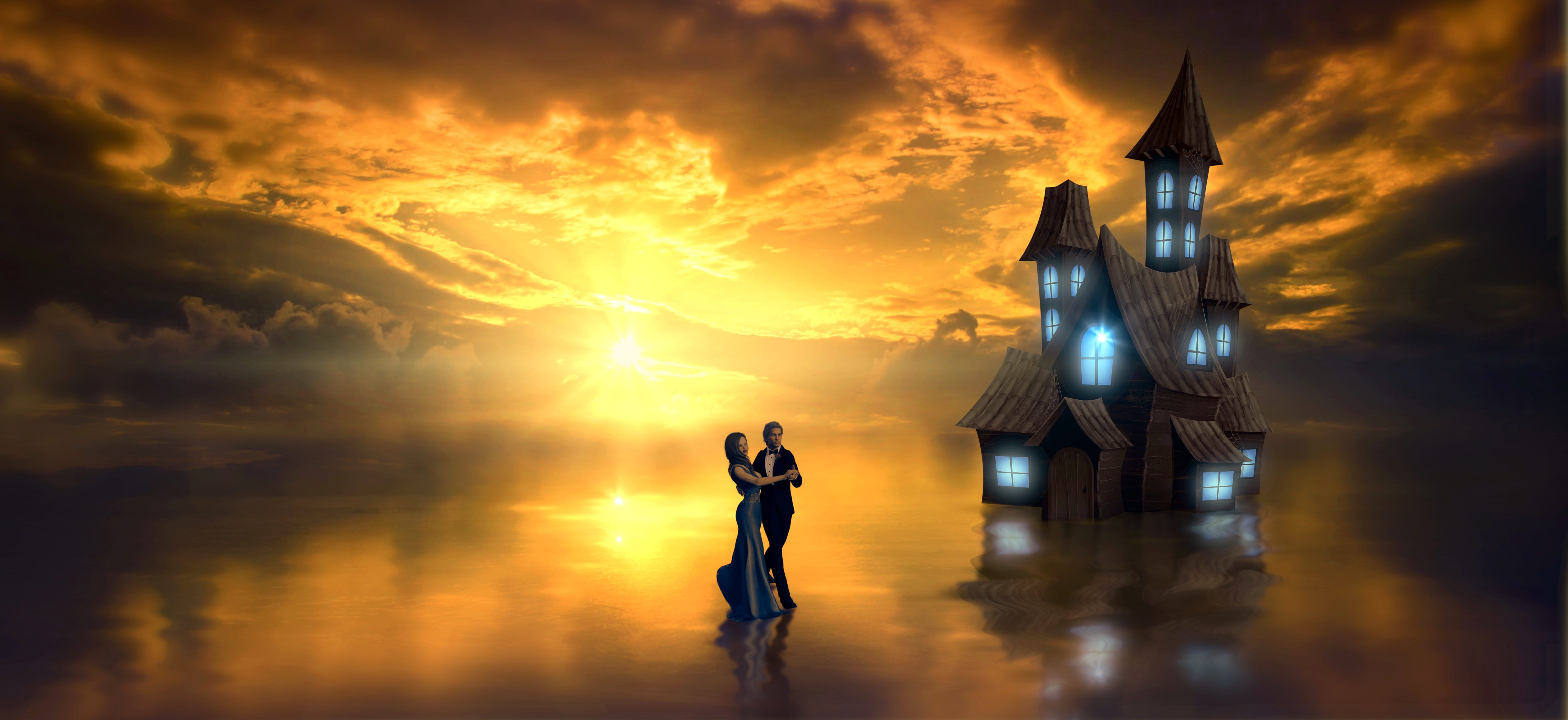 fantasy lake house dance water sun mirroring backlighting 2k 4k 5k
