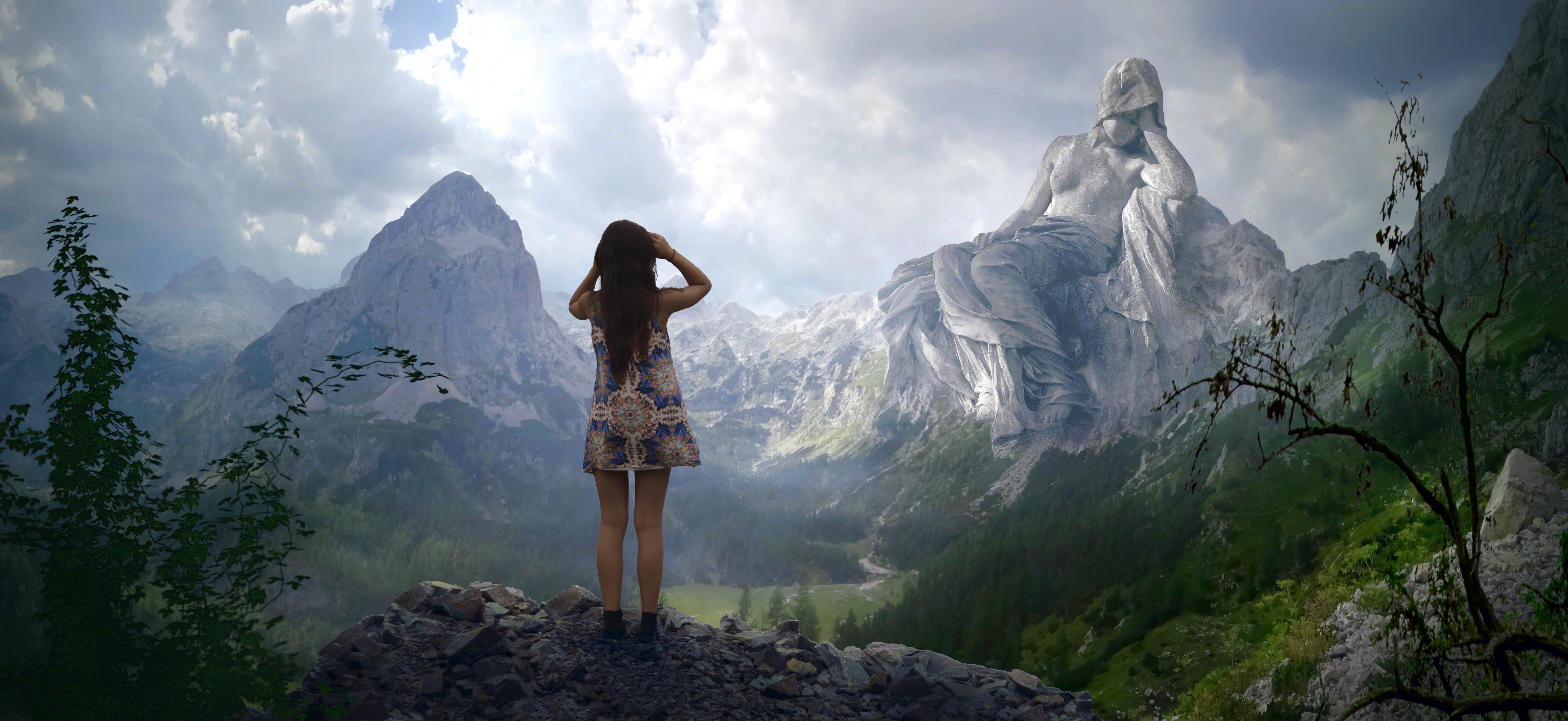 fantasy mountains statue girl view landscape idyllic 2k 4k 5k