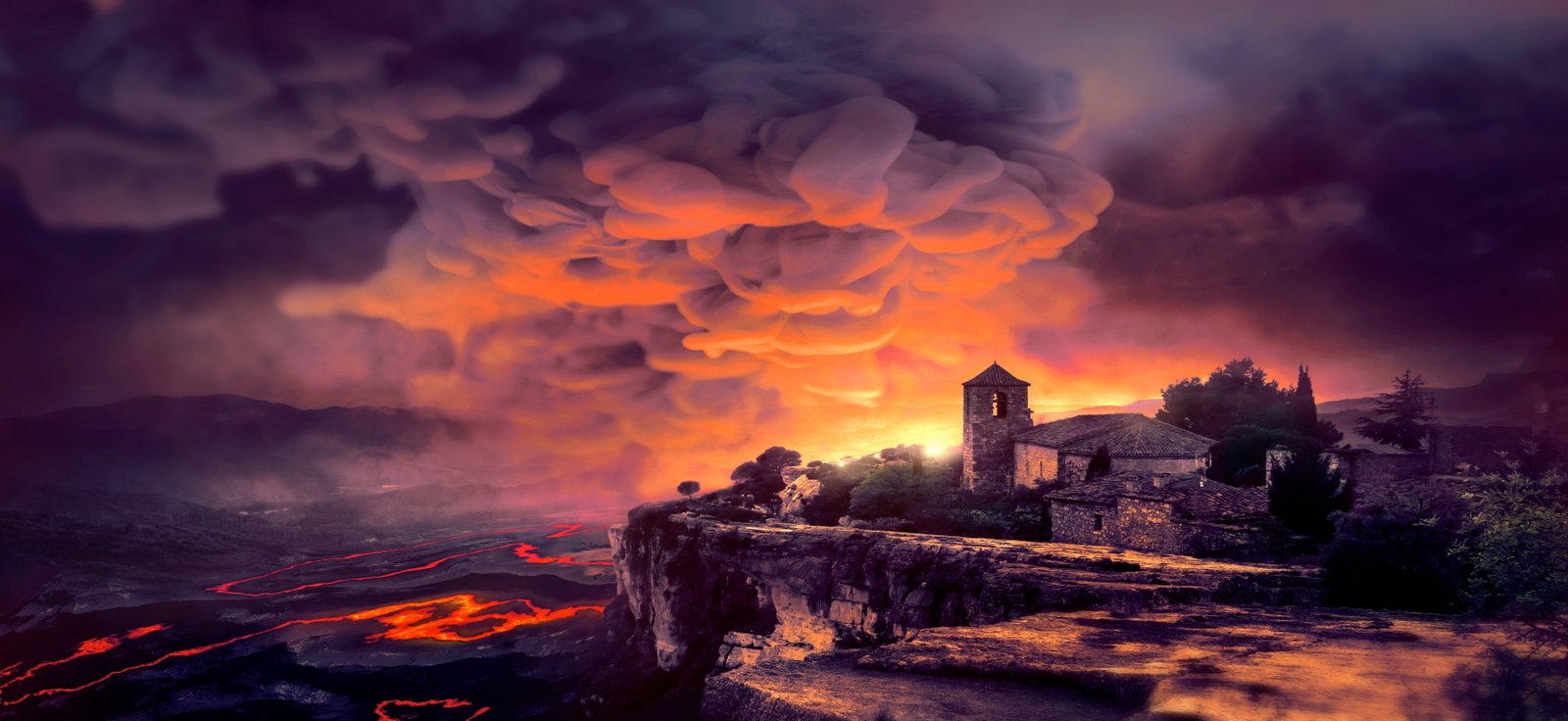 fantasy smoke nature lava disaster village burn landscape 2k 4k 5k