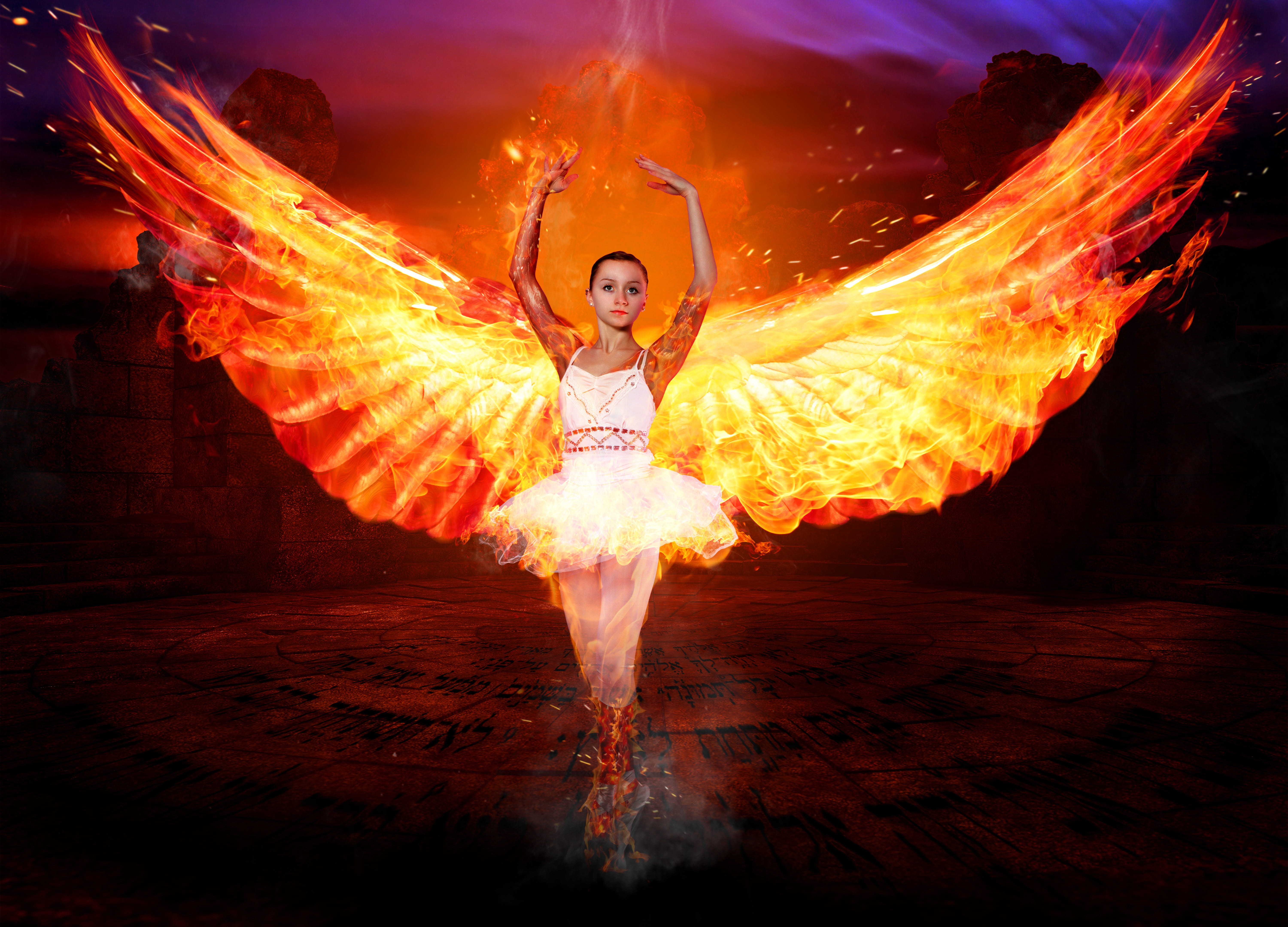 female character with fire wings artwork angel woman mystical 2k 4k 5k