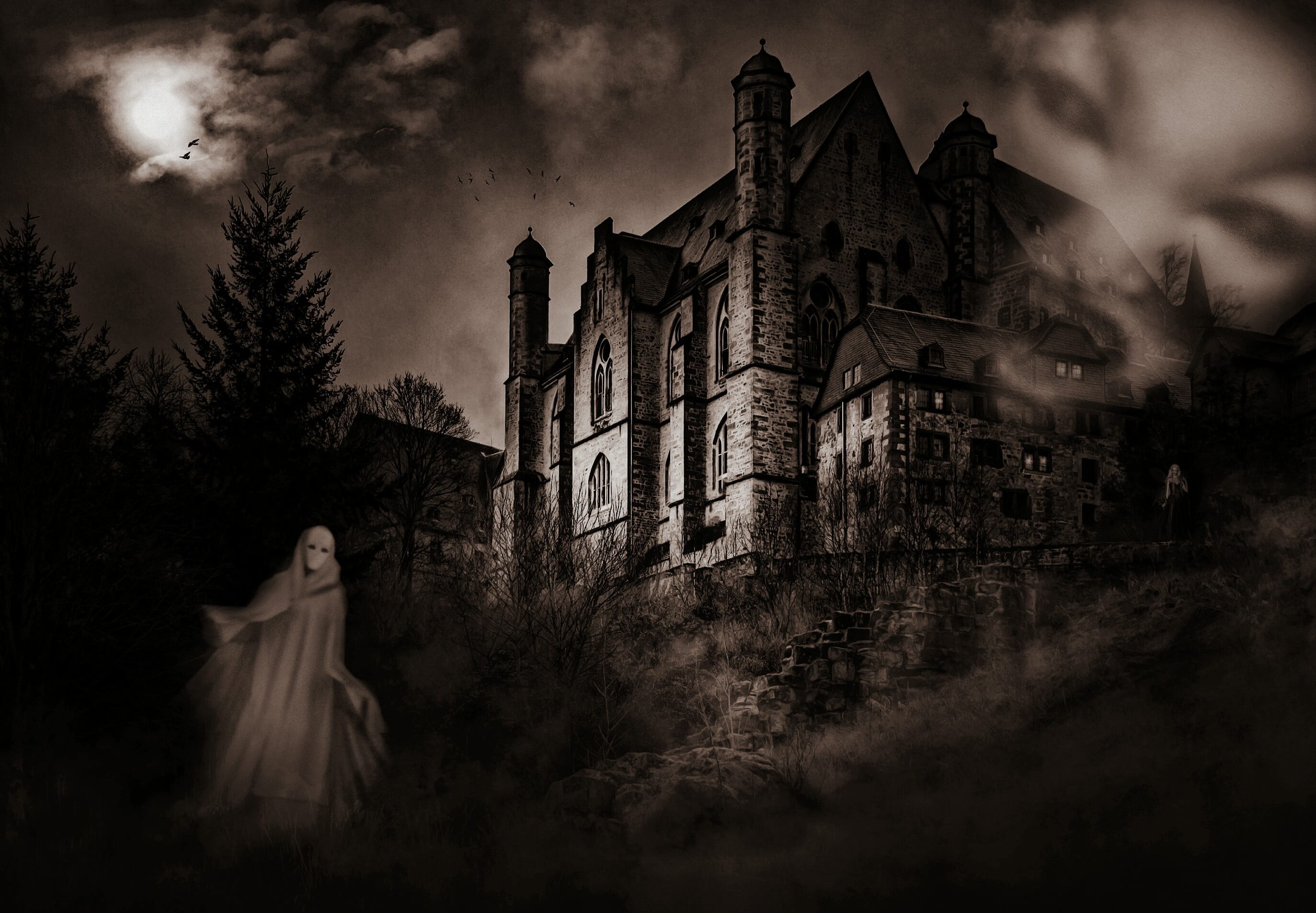 ghost near 2 storey house digital wallpaper castle mystical 2k