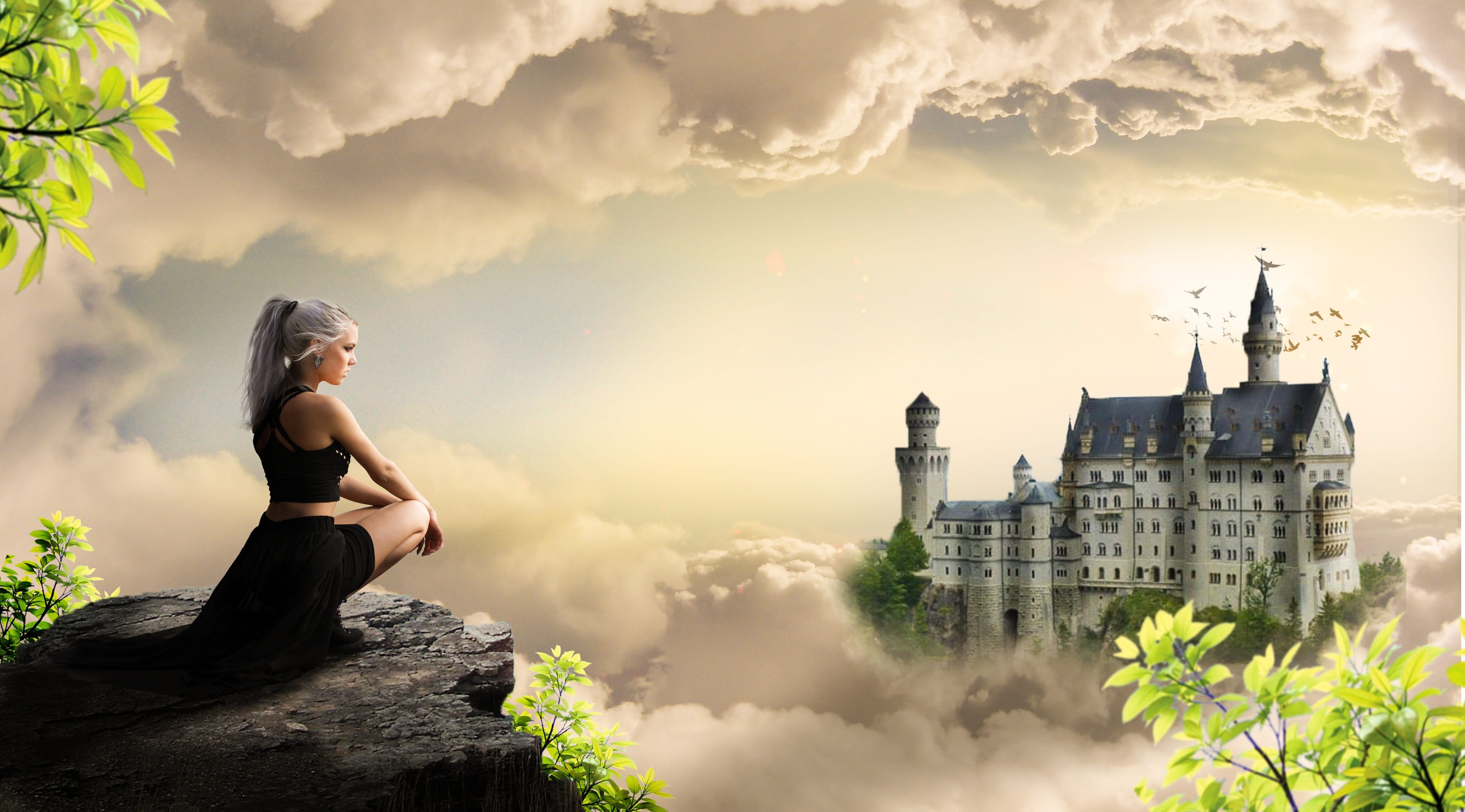 girl castle woman fantasy tale fairytale dream mystical 2k 4k