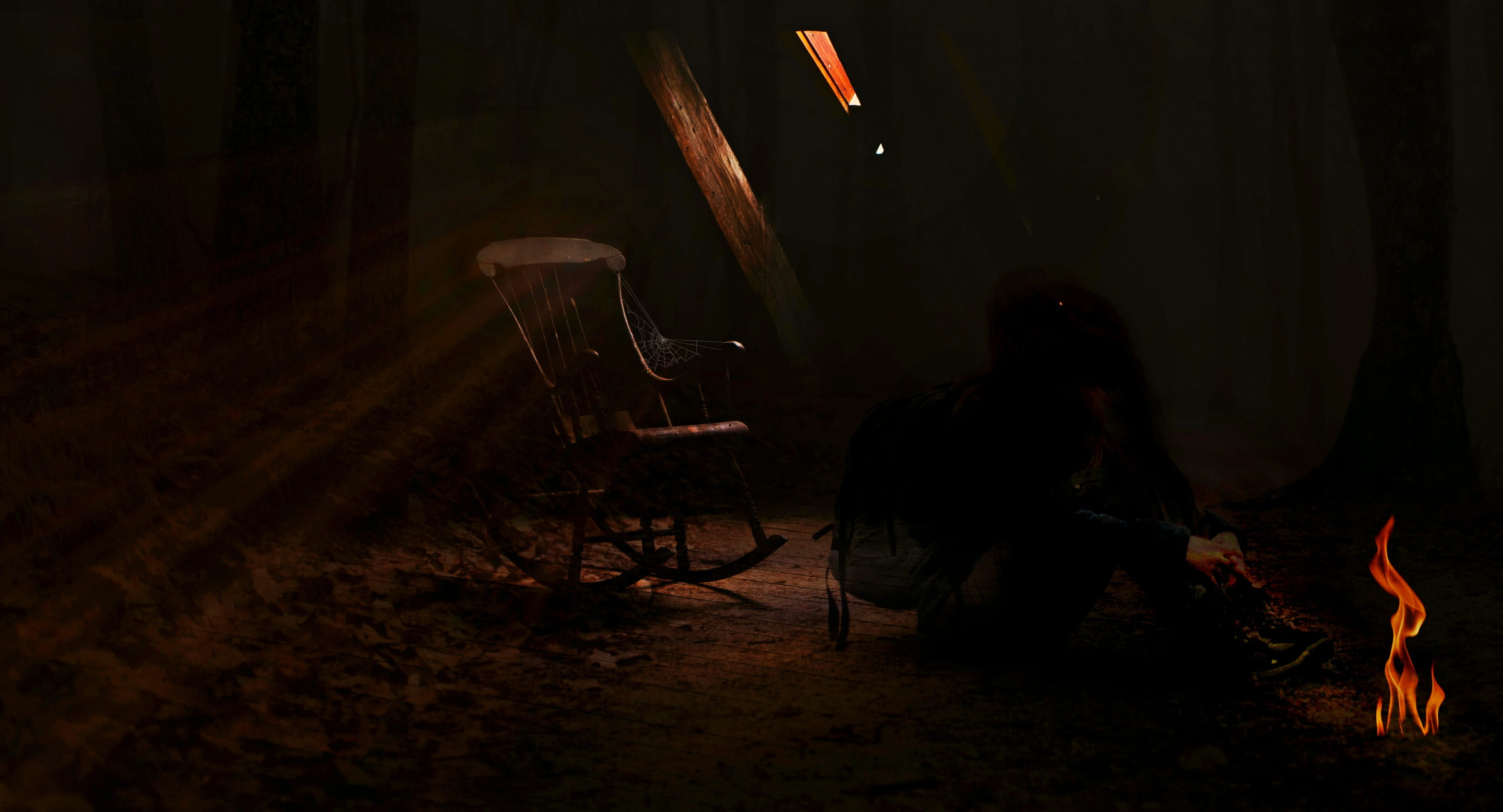 girl fantasy surreal attic rocking chair mystical fairy tales 2k 4k