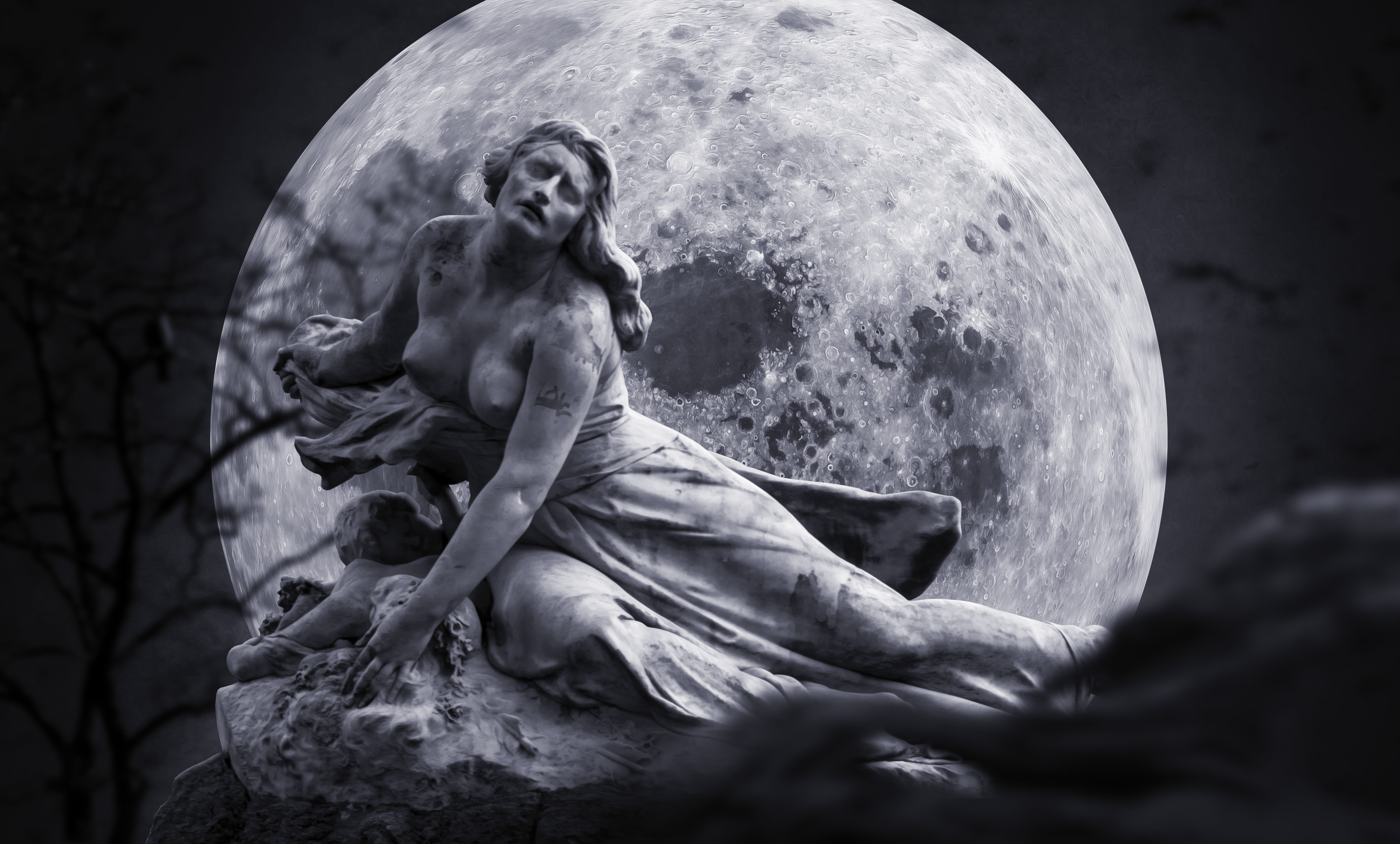 gloomy mourning suffering fantasy moon woman background 2k 4k 5k