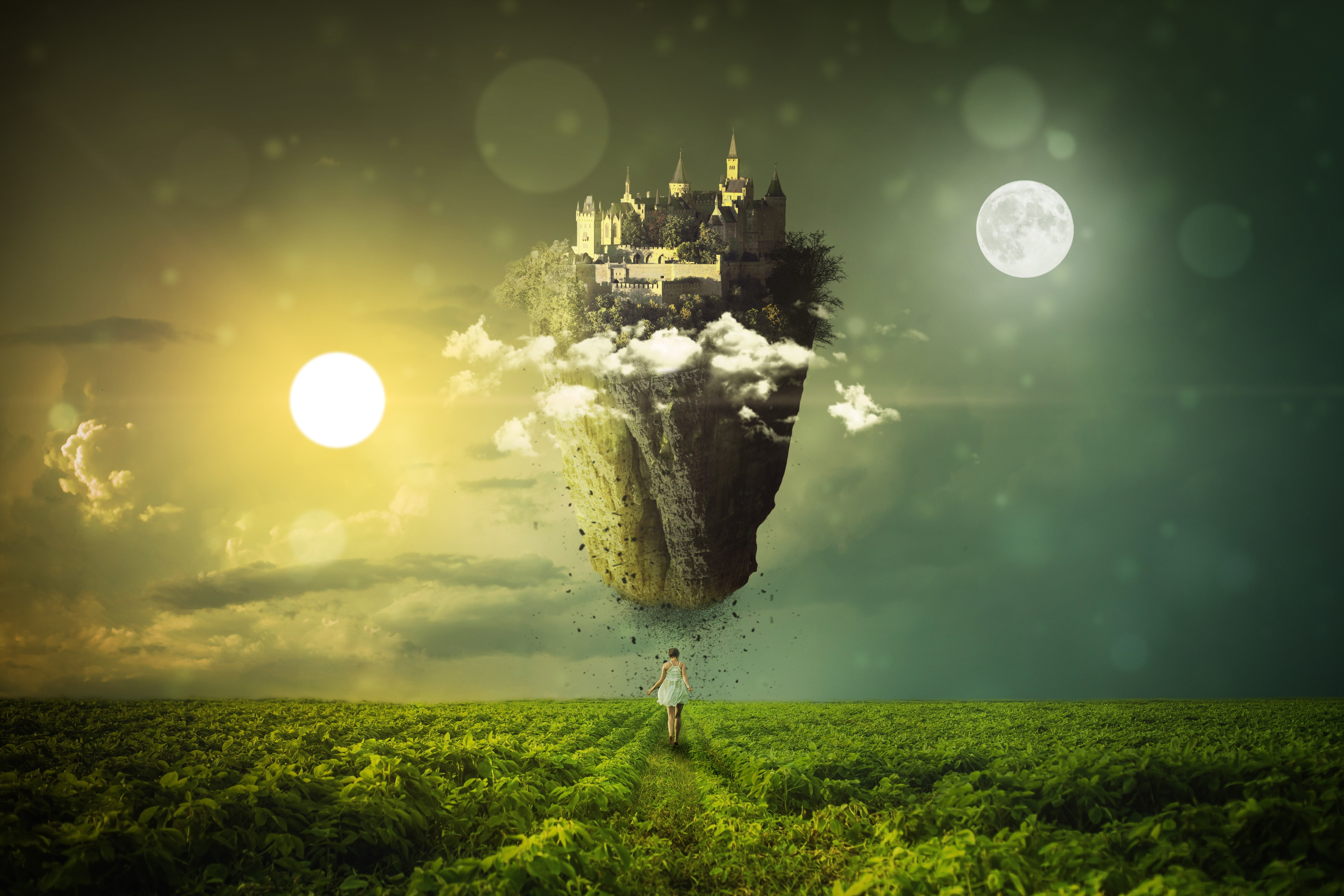 gray concrete castle digital wallpaper girl island equinox 2k 4k 5k