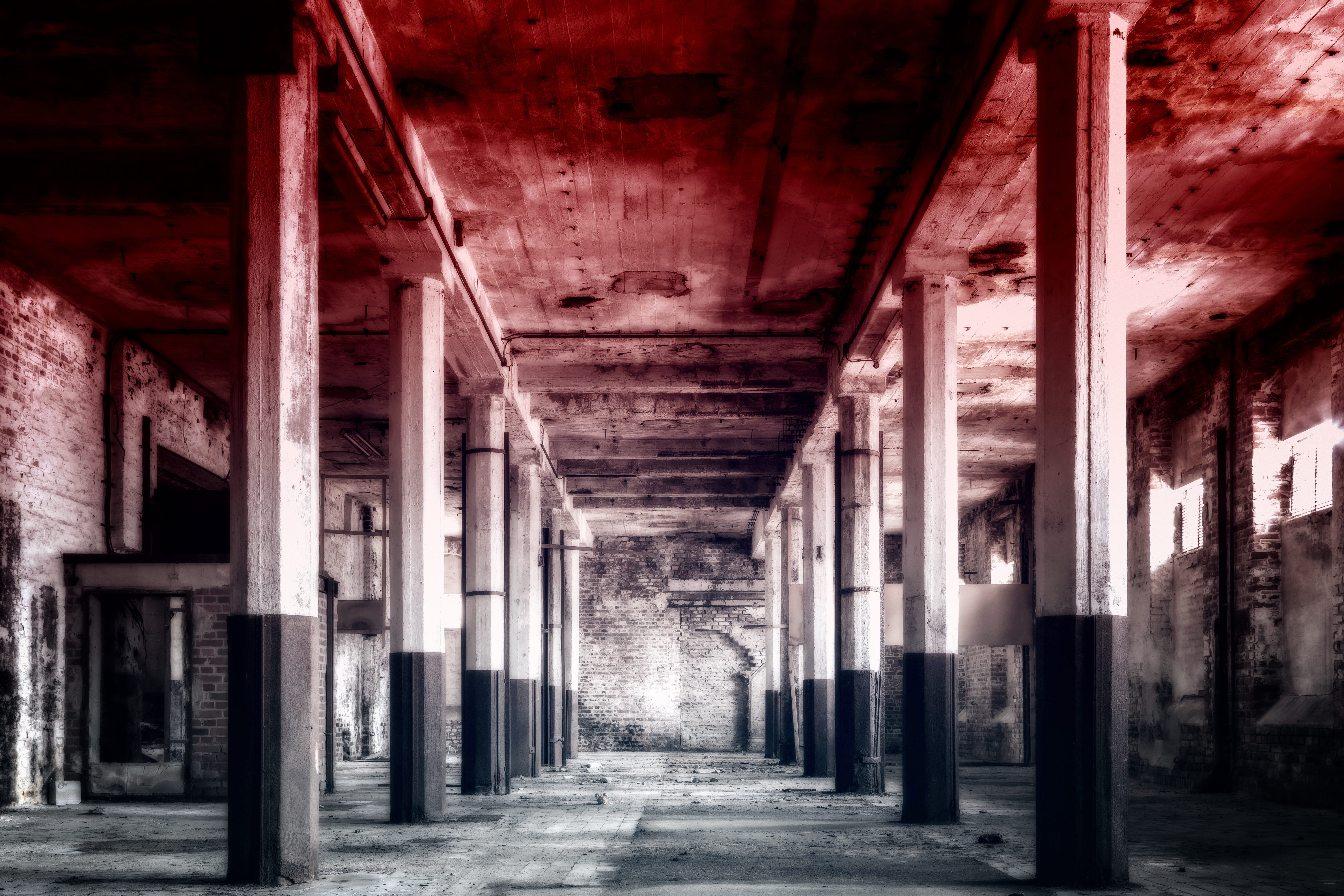 grayscale photography of empty building redscale hall interior 2k 4k 5k