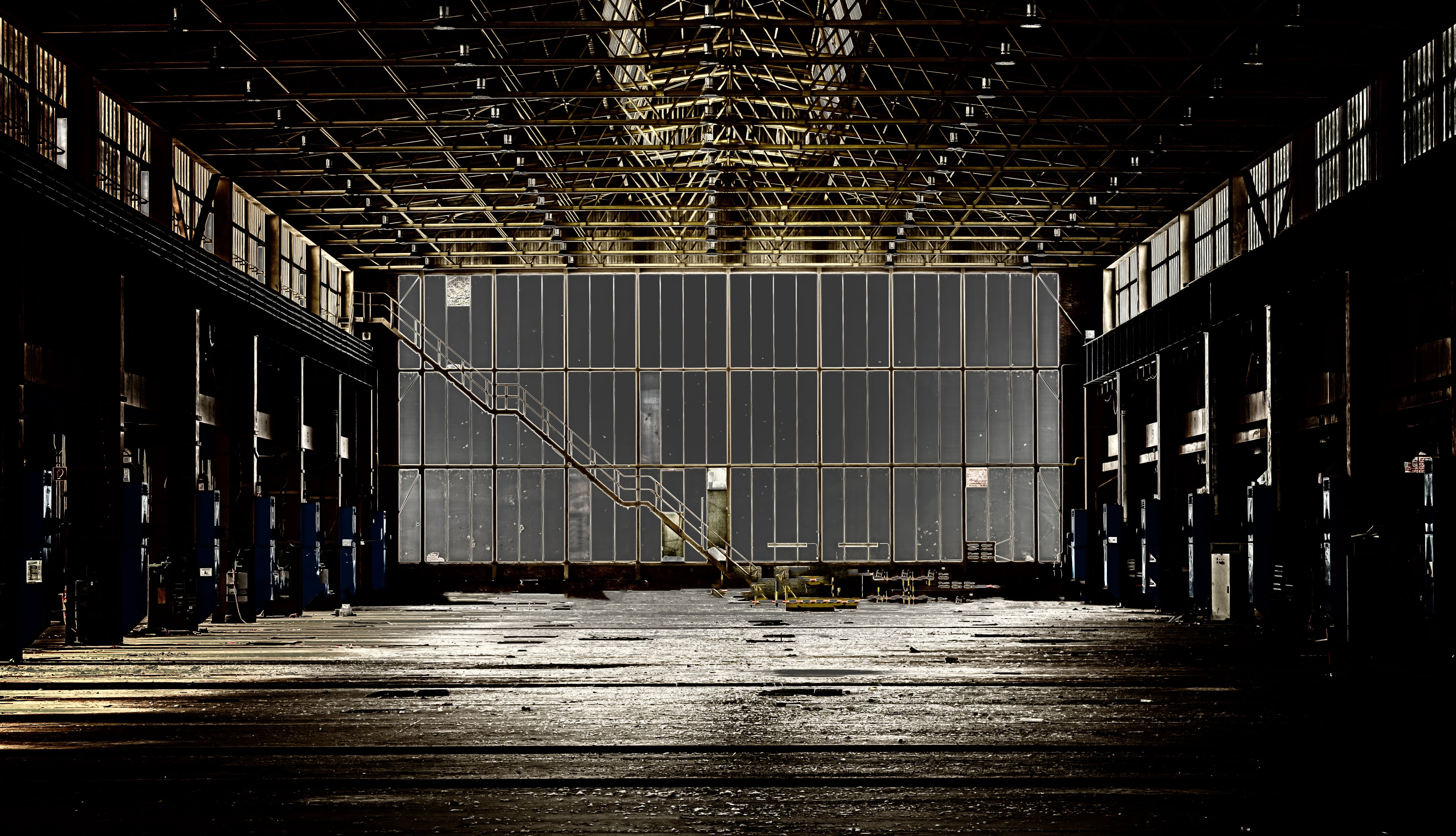 grey iron warehouse with dim light night hall factory lost places 2k 4k 5k