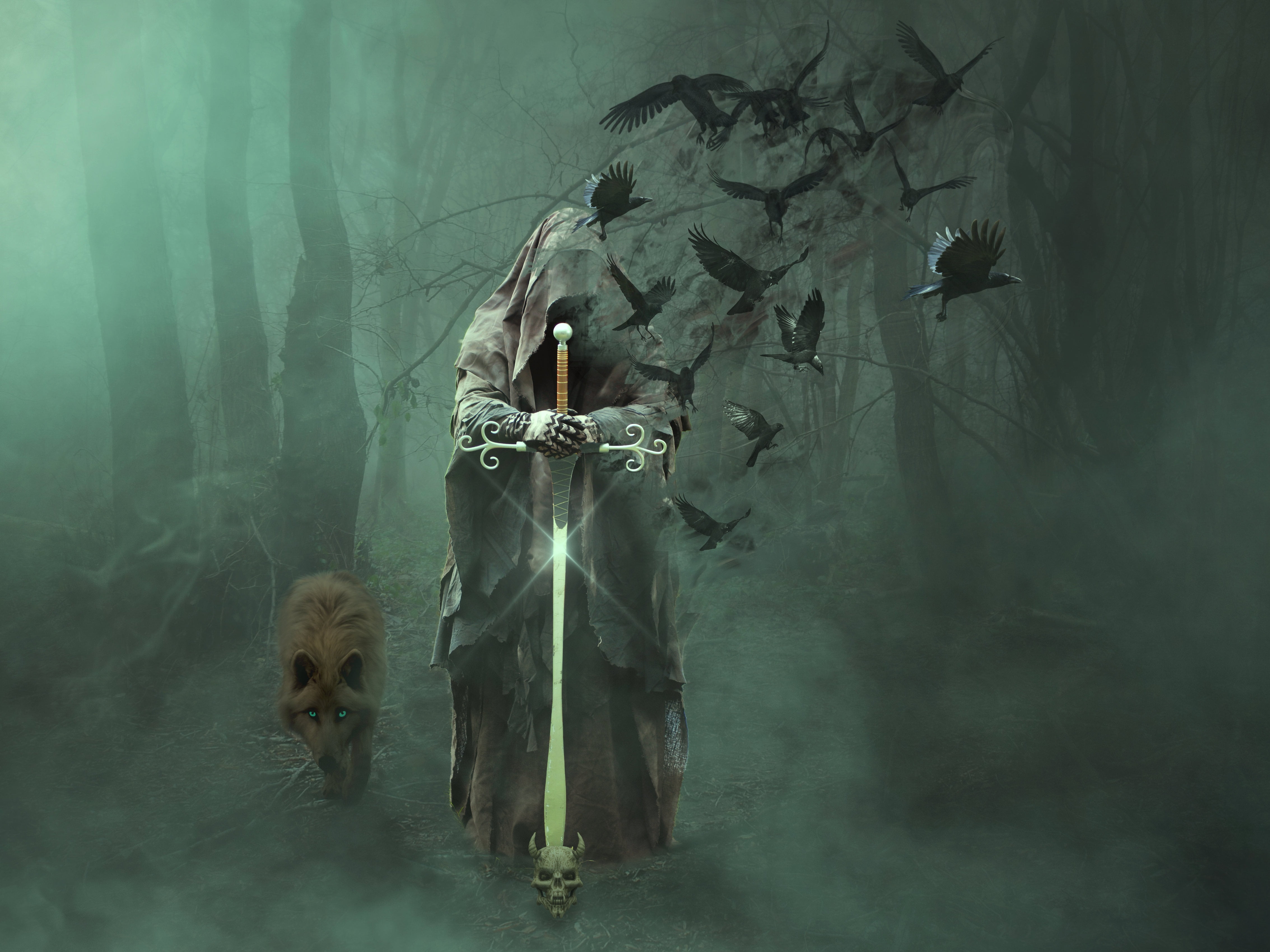 grim reaper holding sword and flock of raves wallpaper magician 2k 4k 5k