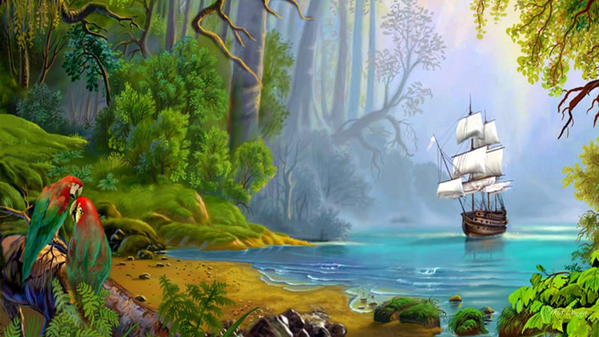 Isl Sail illustration of galleon shop sailing on body water across jungle with parrots 2k