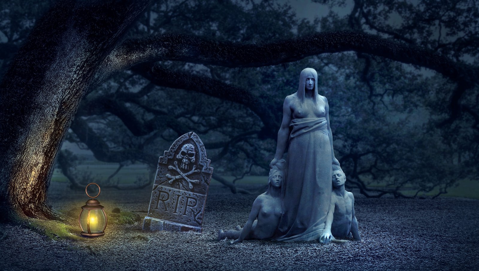 man holding and woman with RIP tombstone digital wallpaper 2k 4k 5k