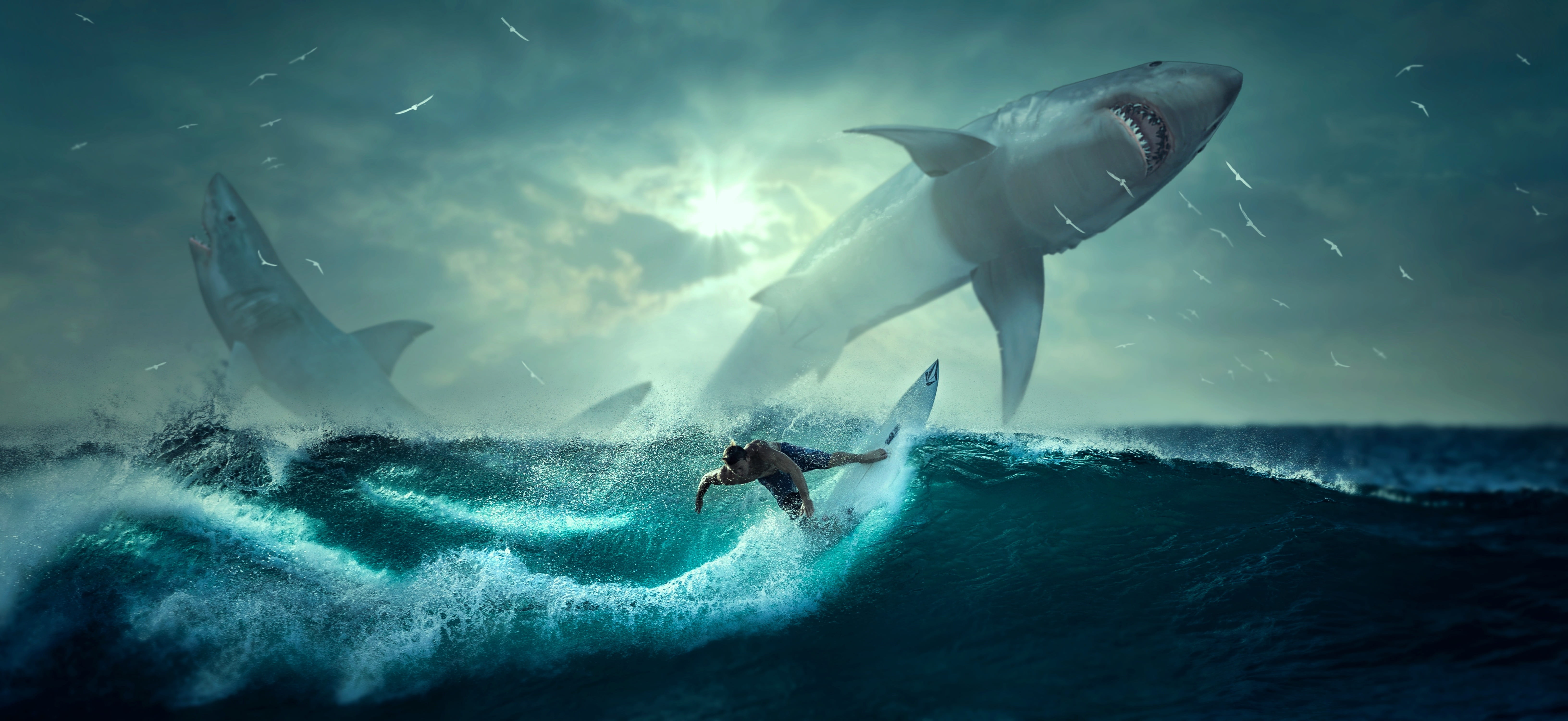 man riding surfboard with shark illustration fantasy hai surfer 2k 4k 5k