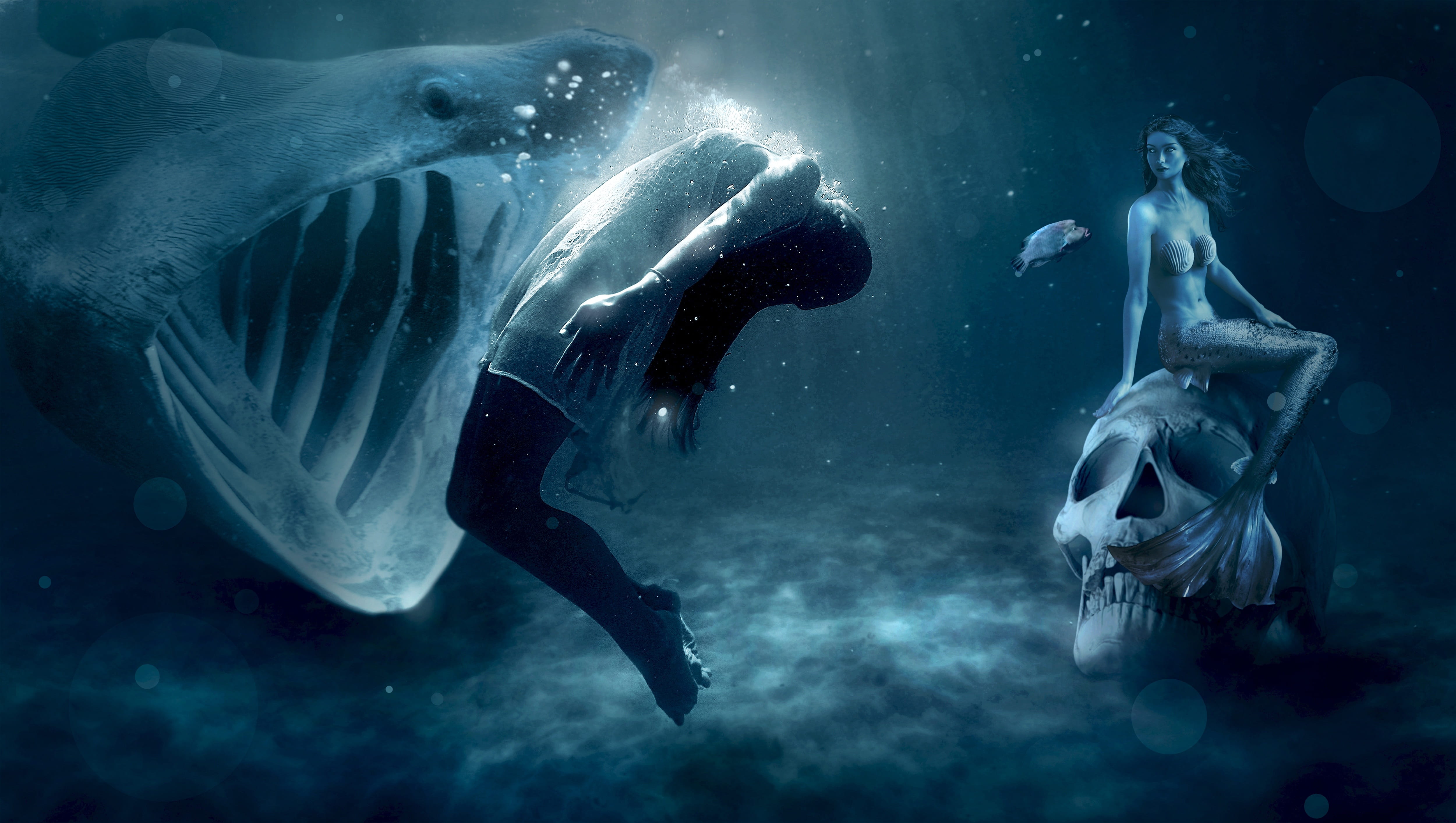 mermaid sitting in human skull grayscale photo hai mystical 2k 4k 5k