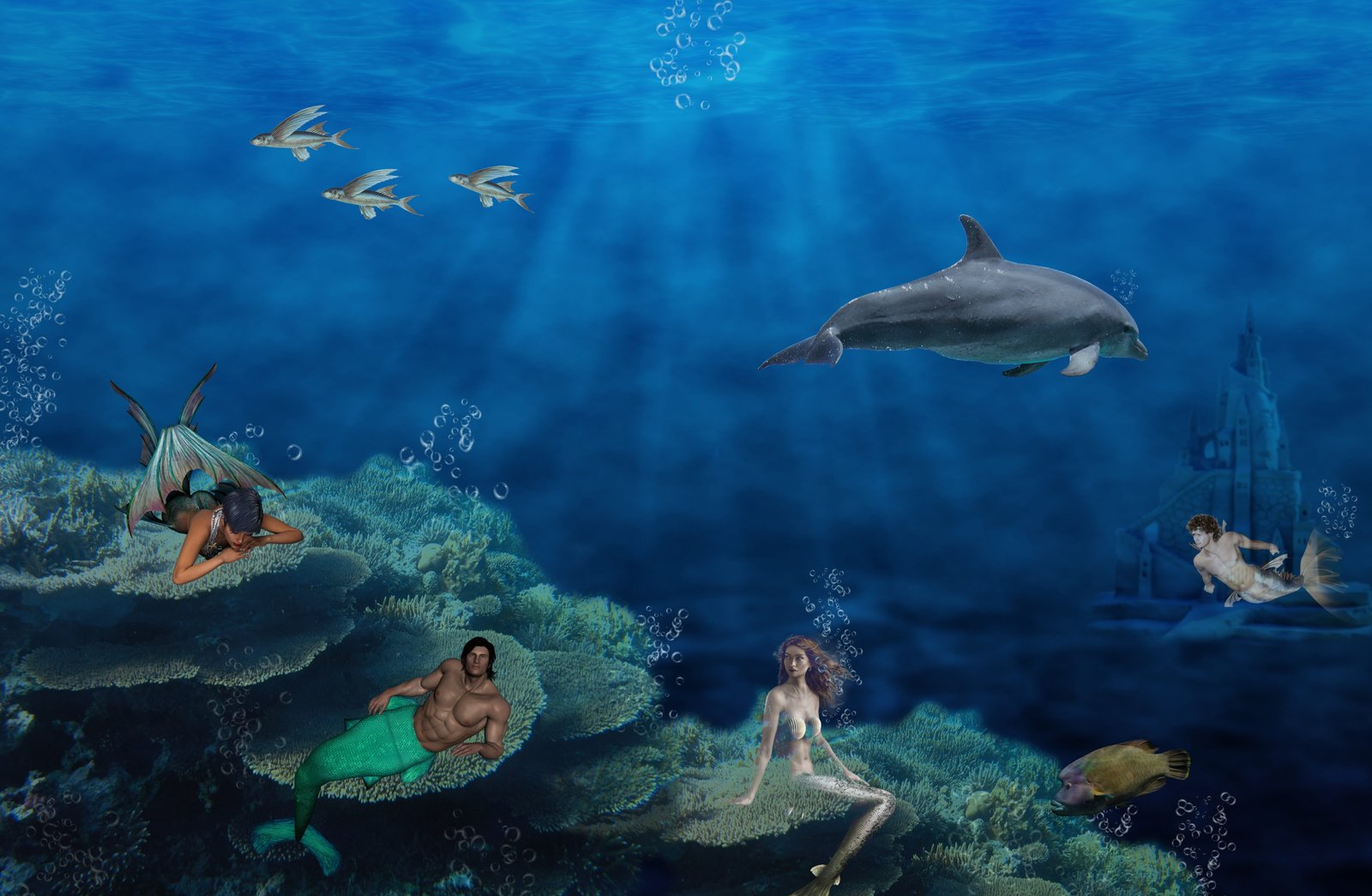 mermaids and merman painting Fantasy Mystical Siren Swim 2k 4k 5k