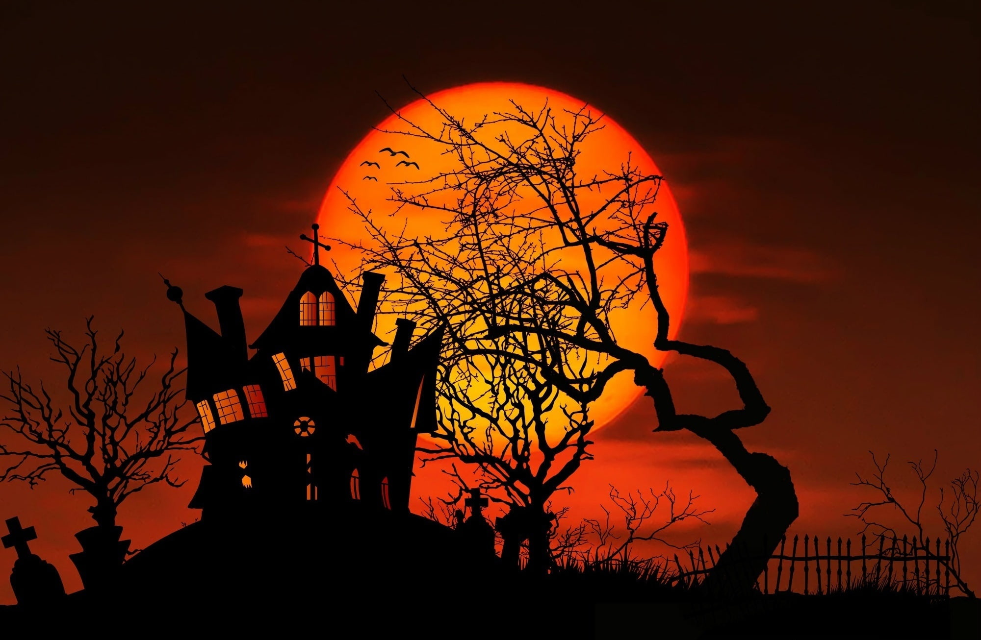 Midnight Halloweeen silhouette of house Halloween decor Holidays 2k
