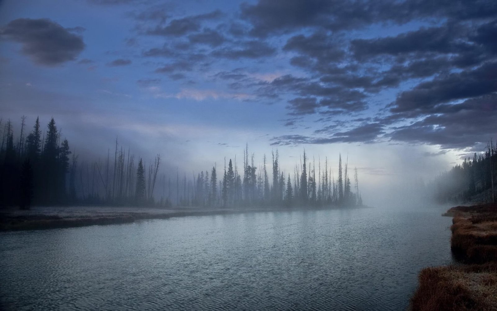 Mystical River At Dusk forest shore clouds mist nature and landscapes 2k