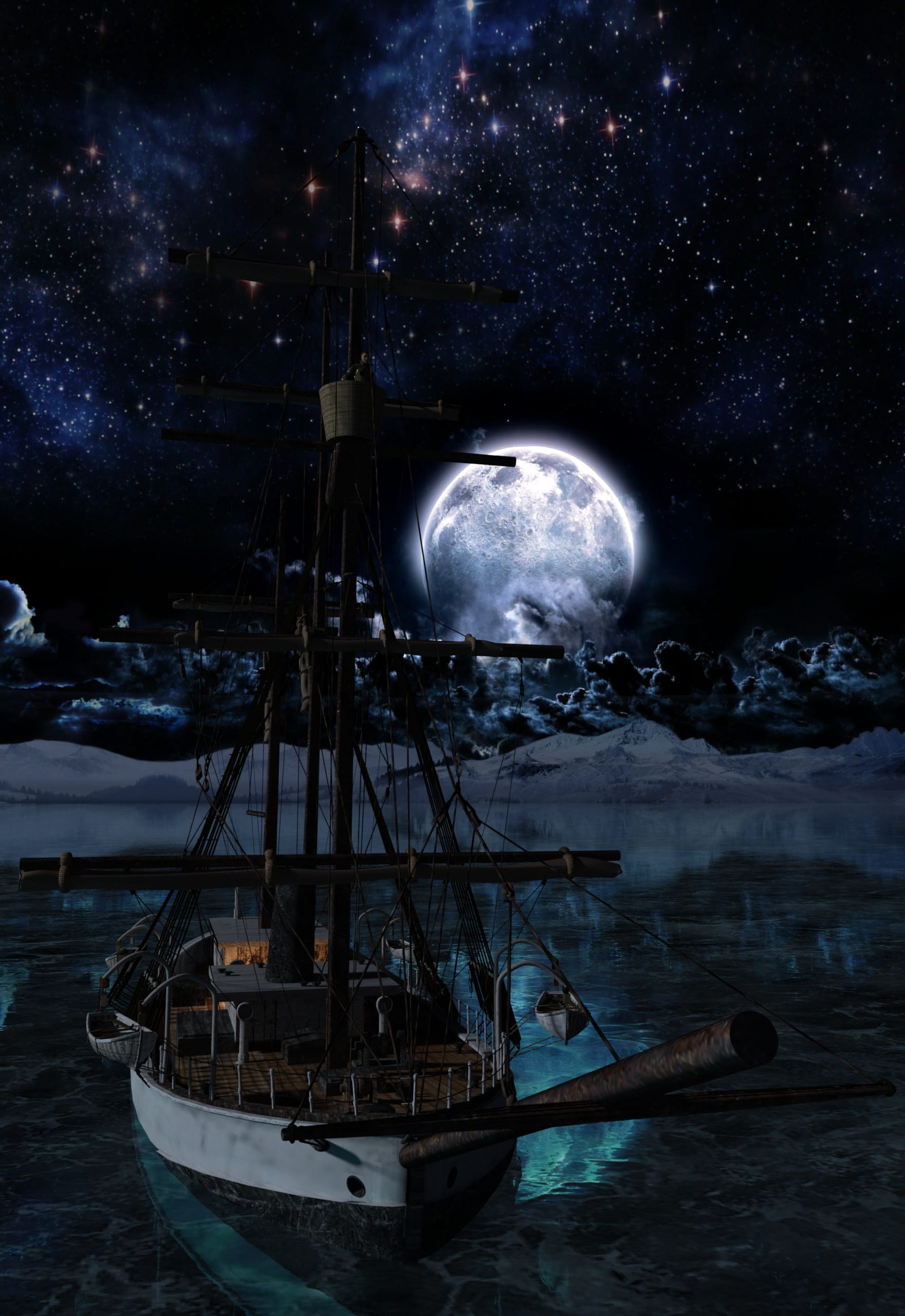 night full moon ship lake ocean arctic lookout mystical 2k