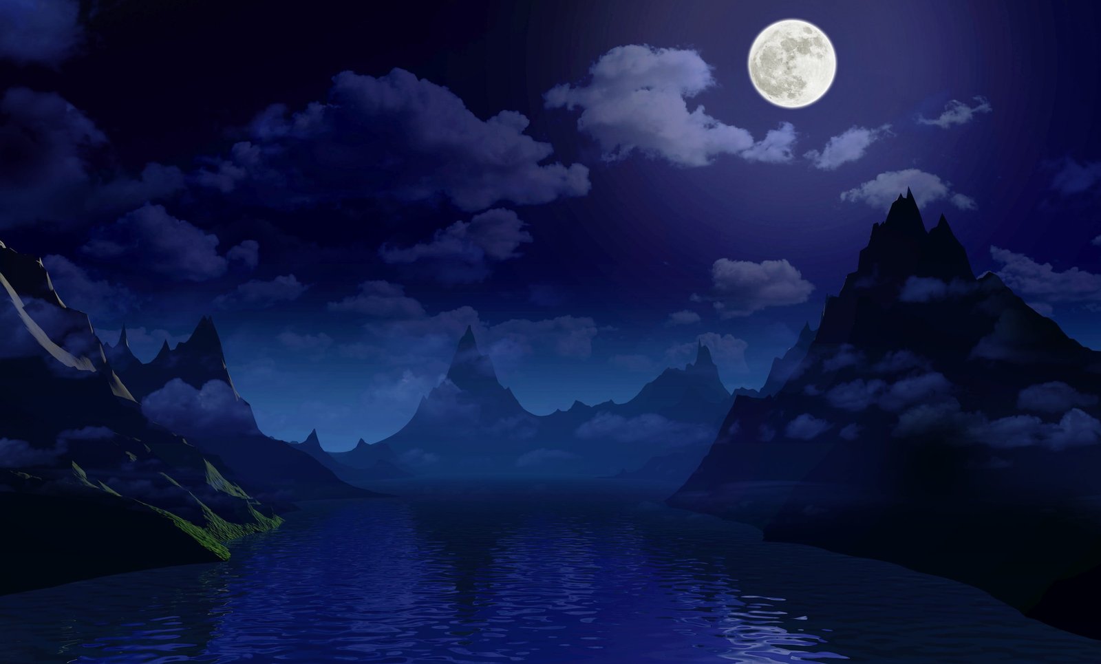 night moon light sky dark landscape fantasy water reflection 2k