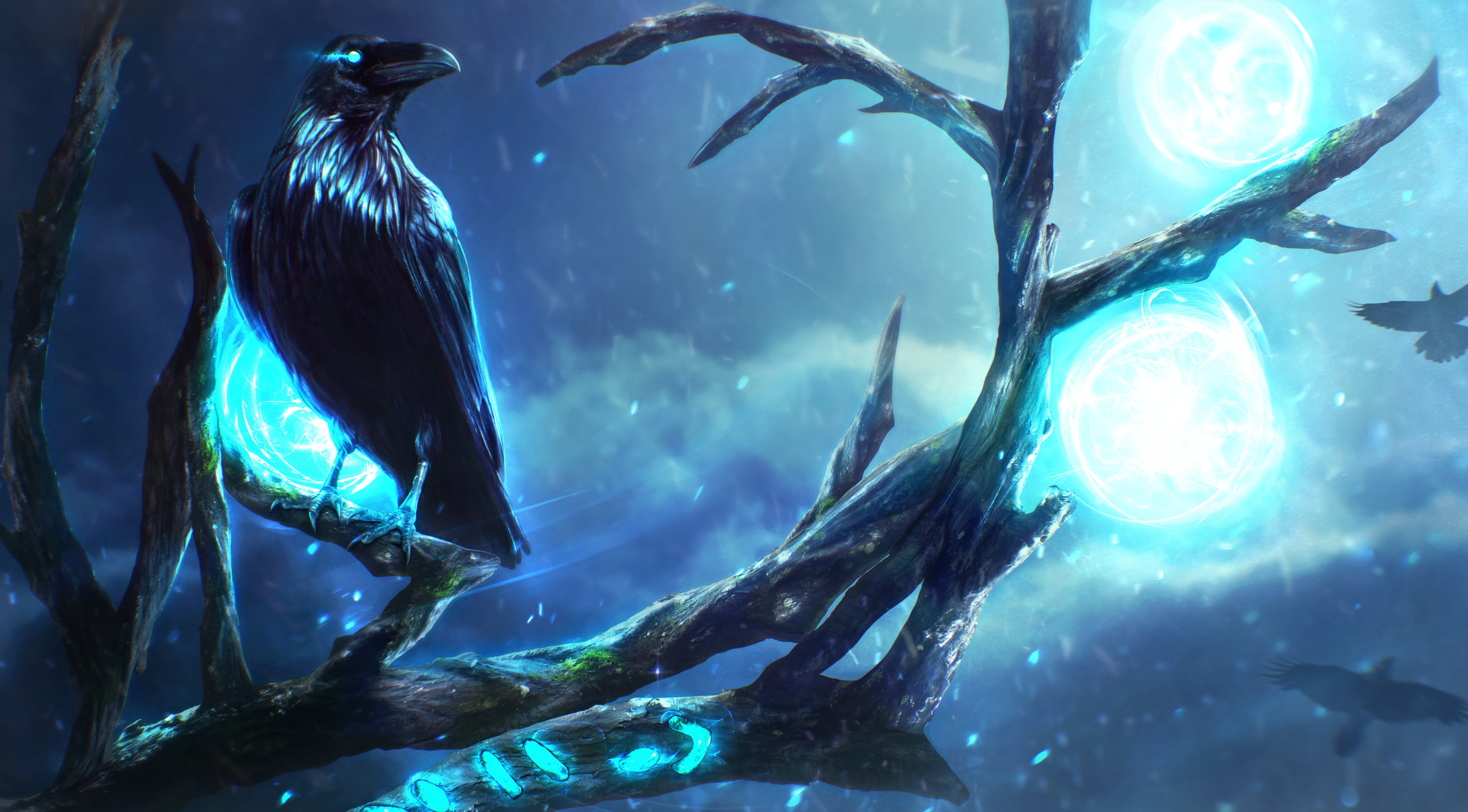 night tree bird magic branch mystic art Raven 2k 4k