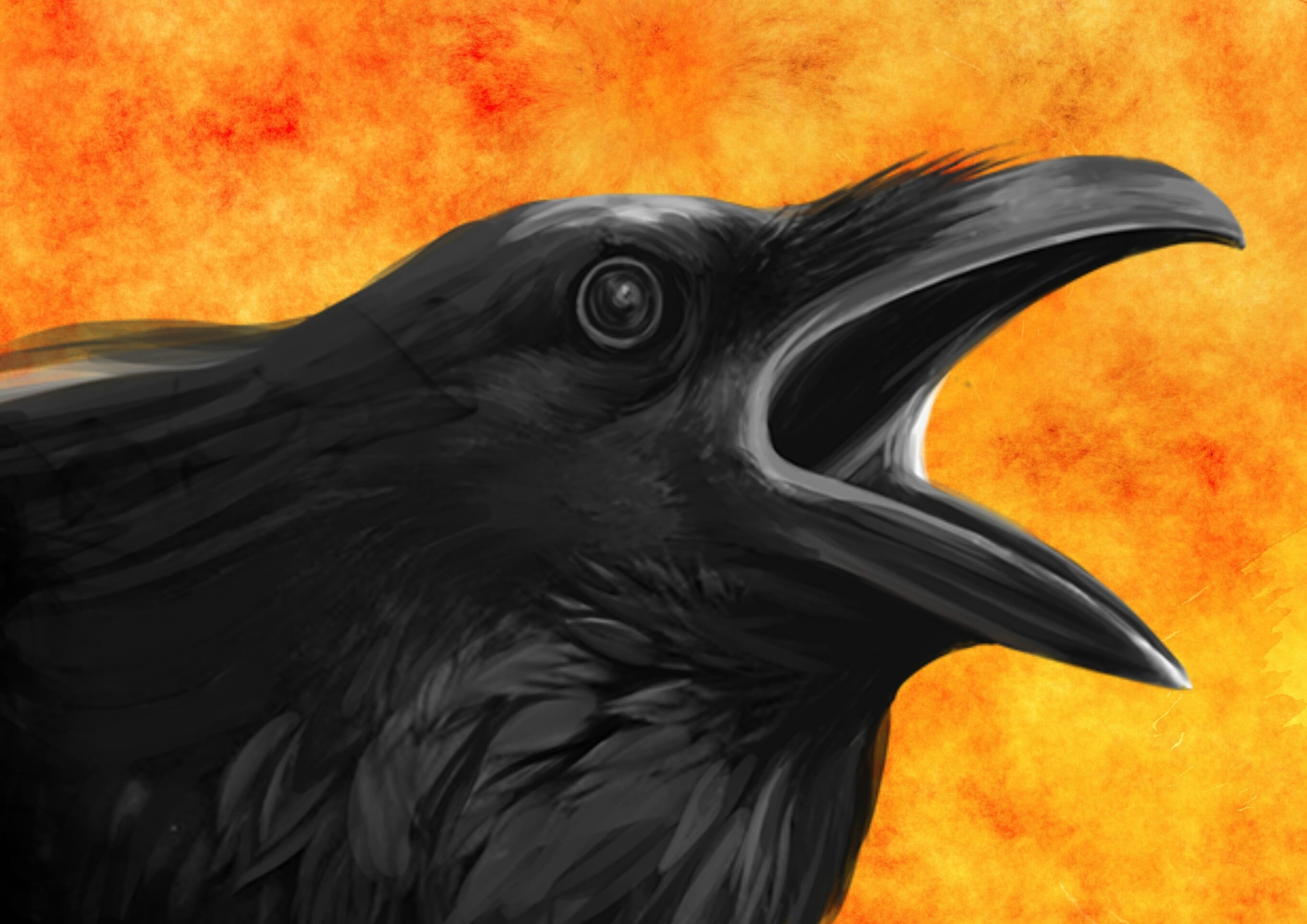 raven with yellow and orange background Crow painting night 2k