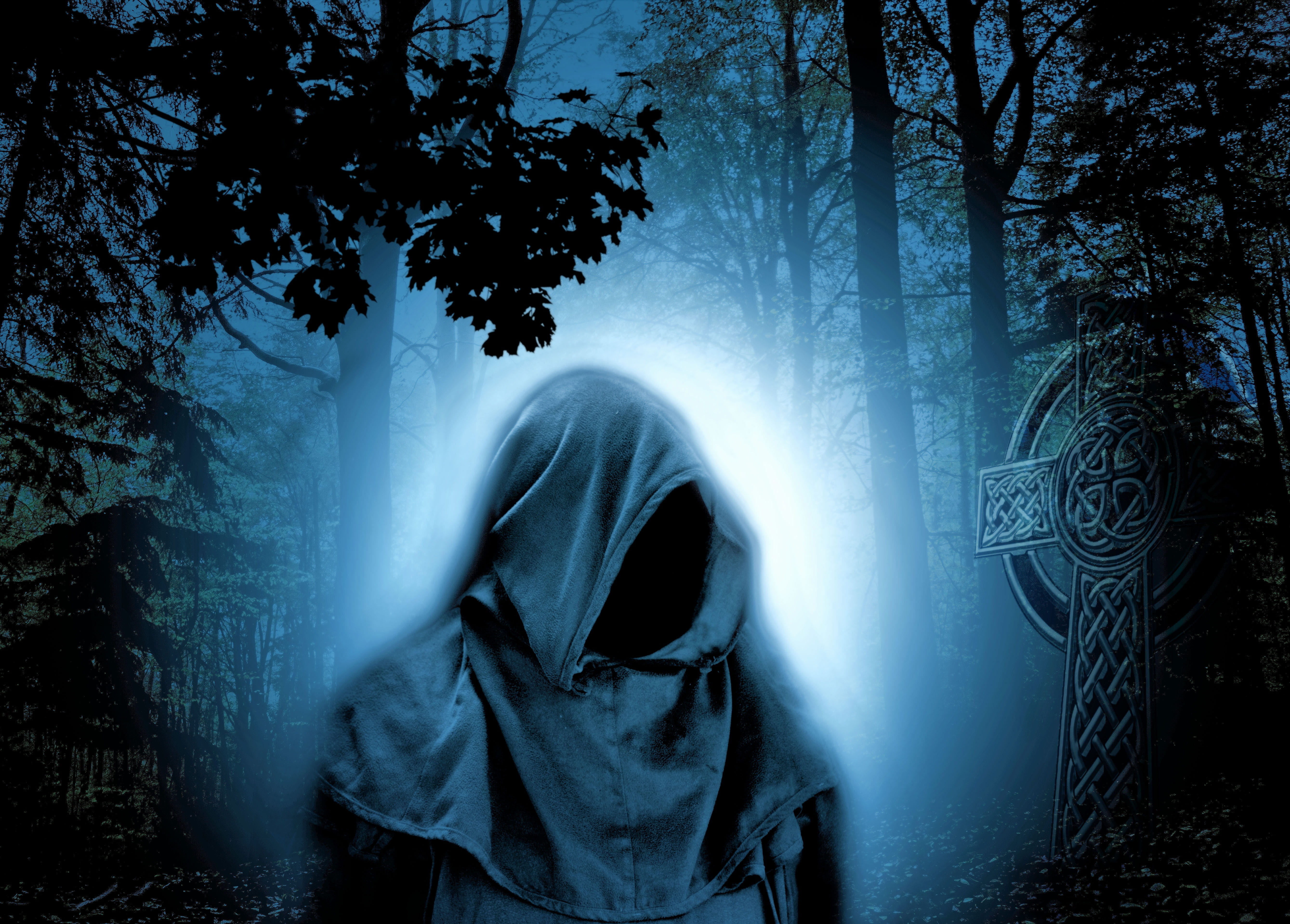 reaper near tombdigital wallpaper forest magician night atmosphere 2k 4k 5k