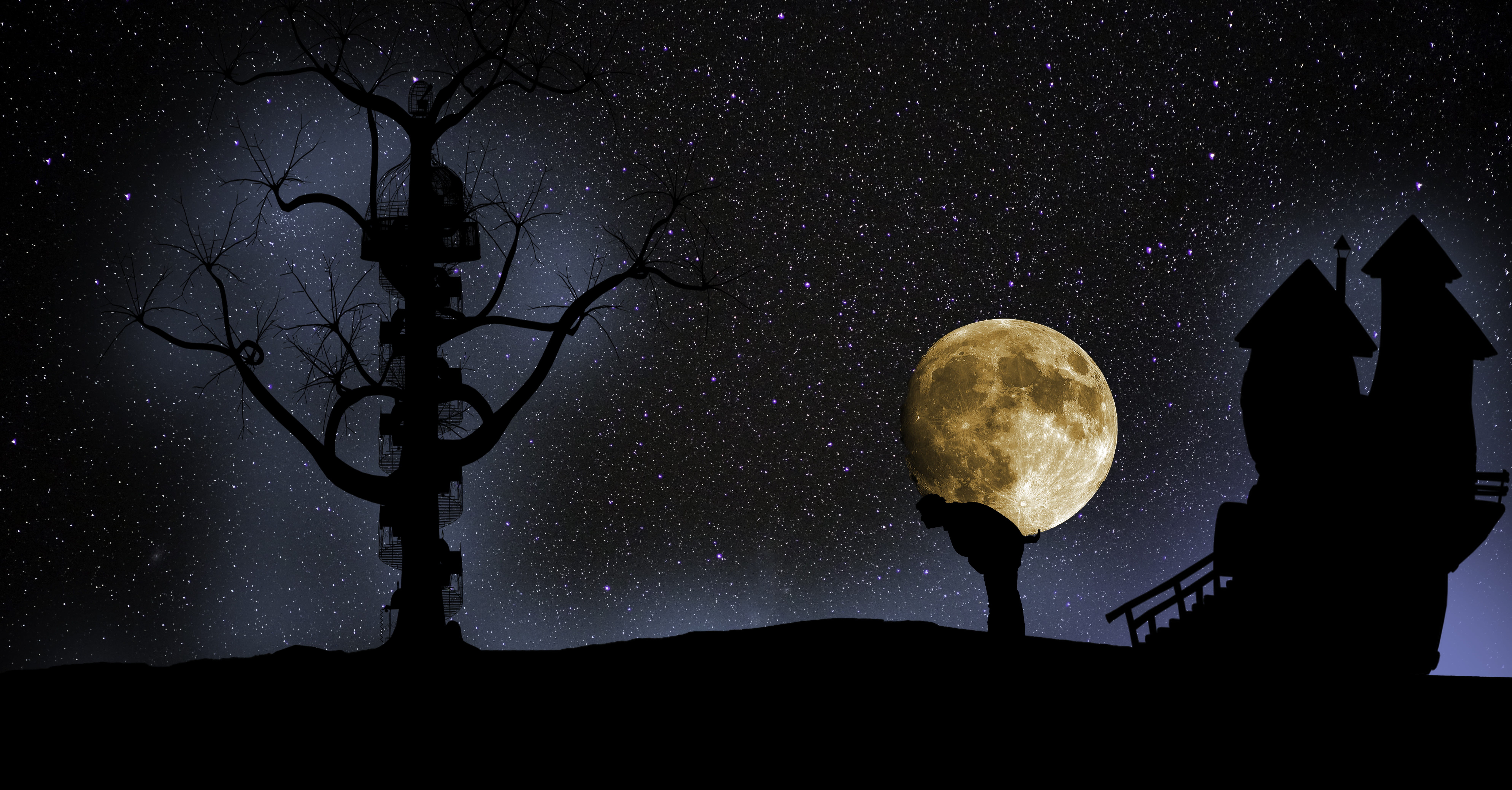silhouette of person between tree and house during full moon 2k 4k 5k 8k