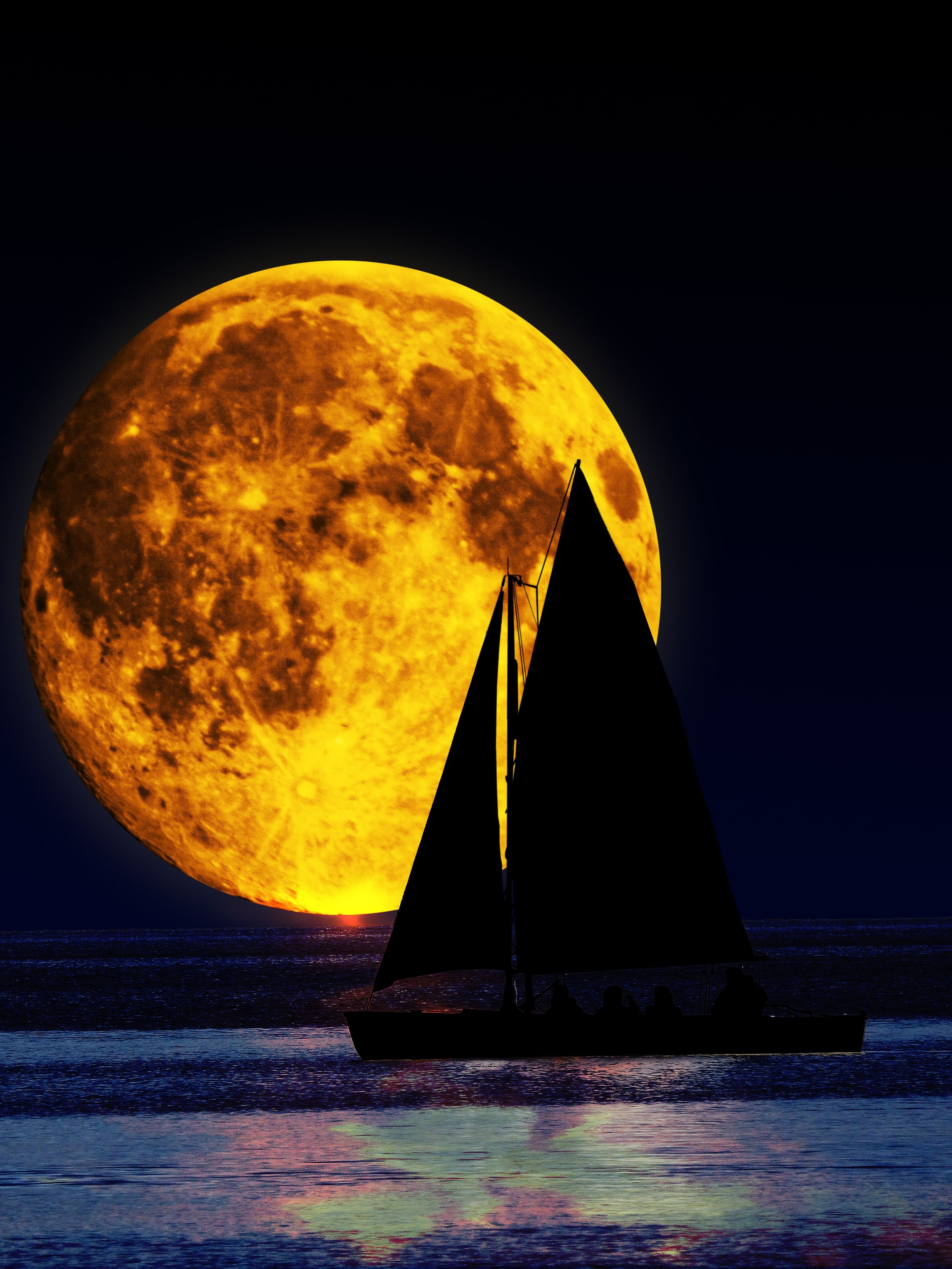 silhouette of sailboat during full moon night lake sky darkness 2k