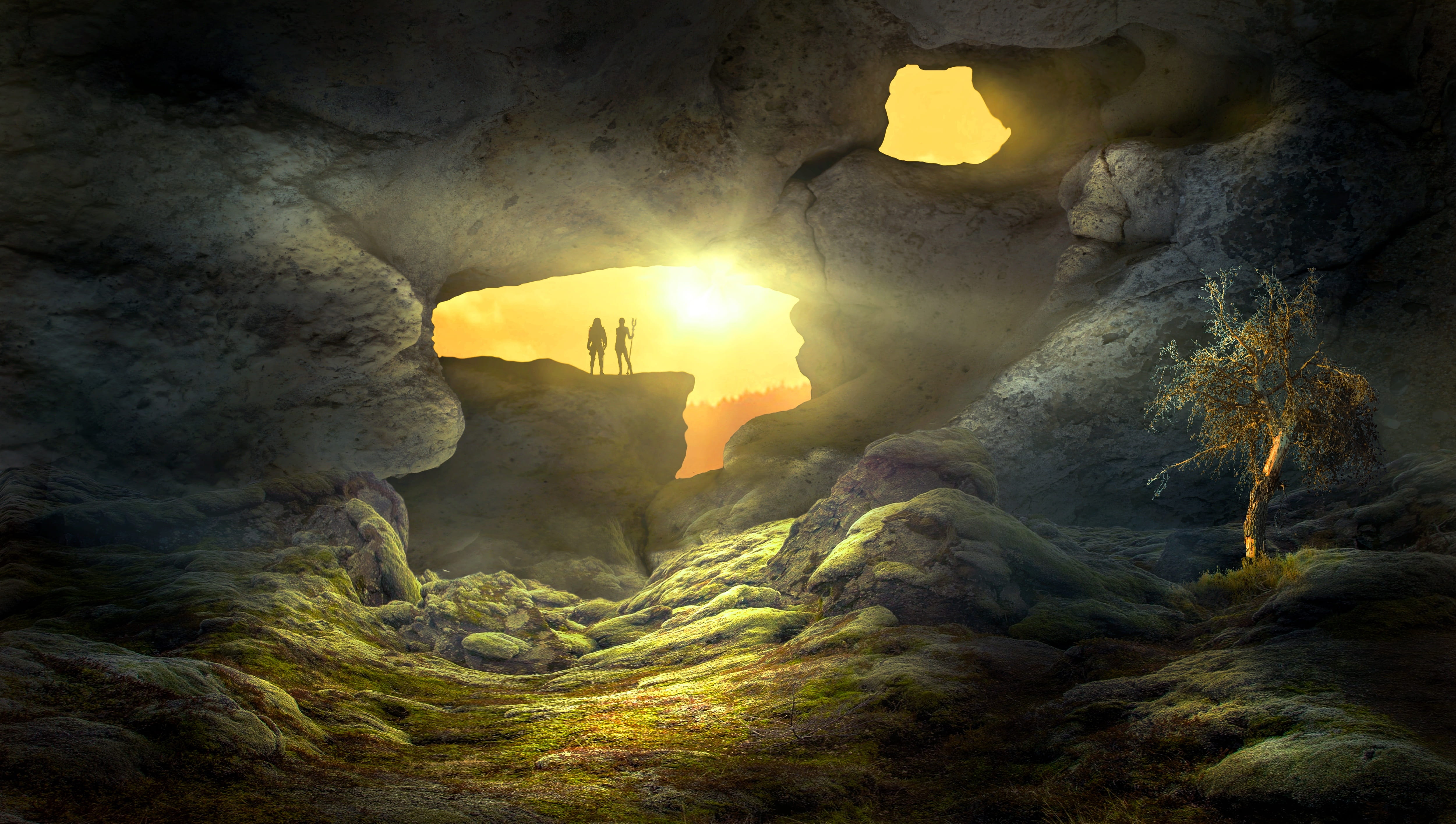 silhouette of two men on rock during golden hour digital illustration 2k 4k 5k