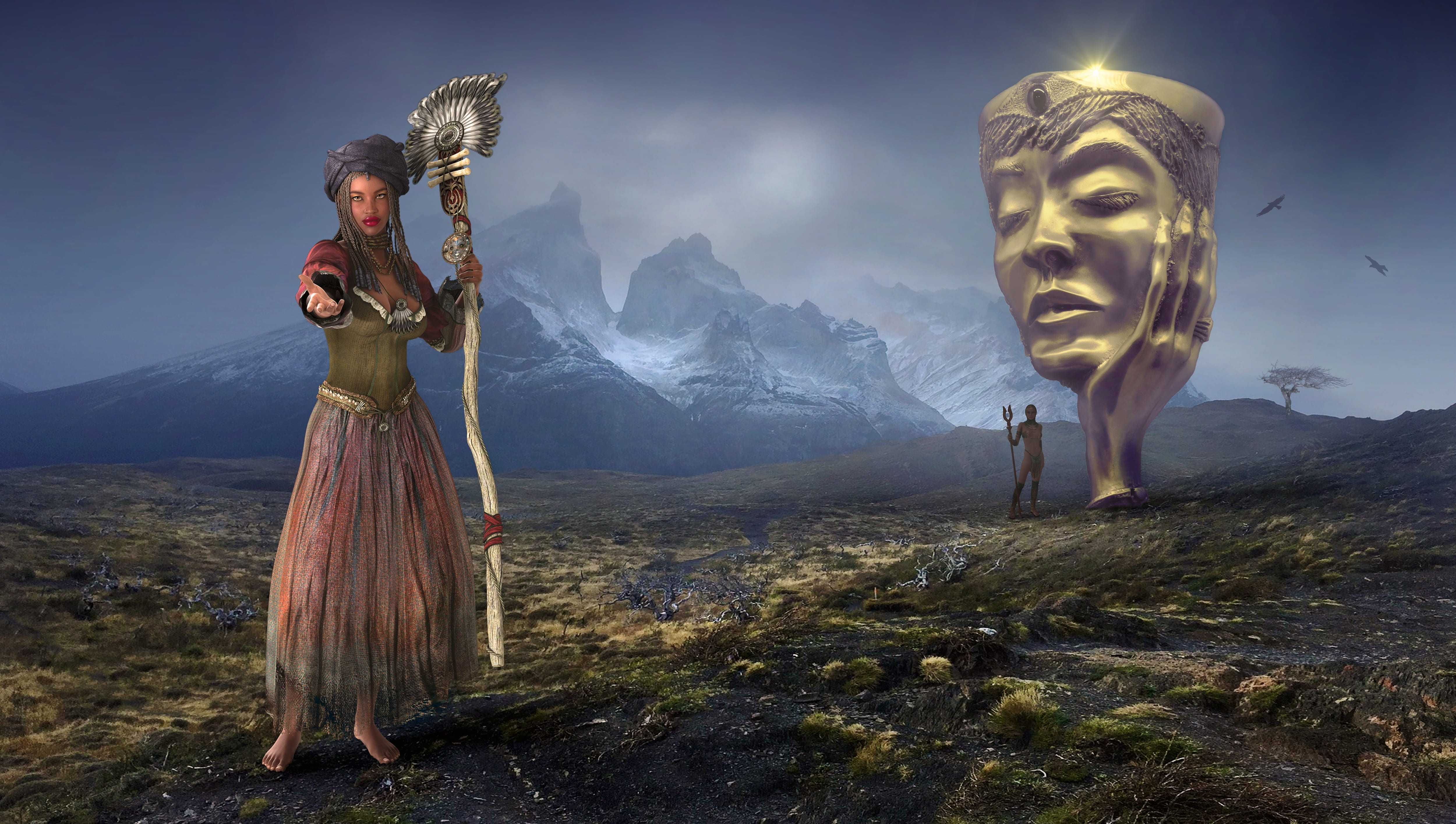 sorceress holding wand illustration fantasy landscape mystical 2k 4k 5k