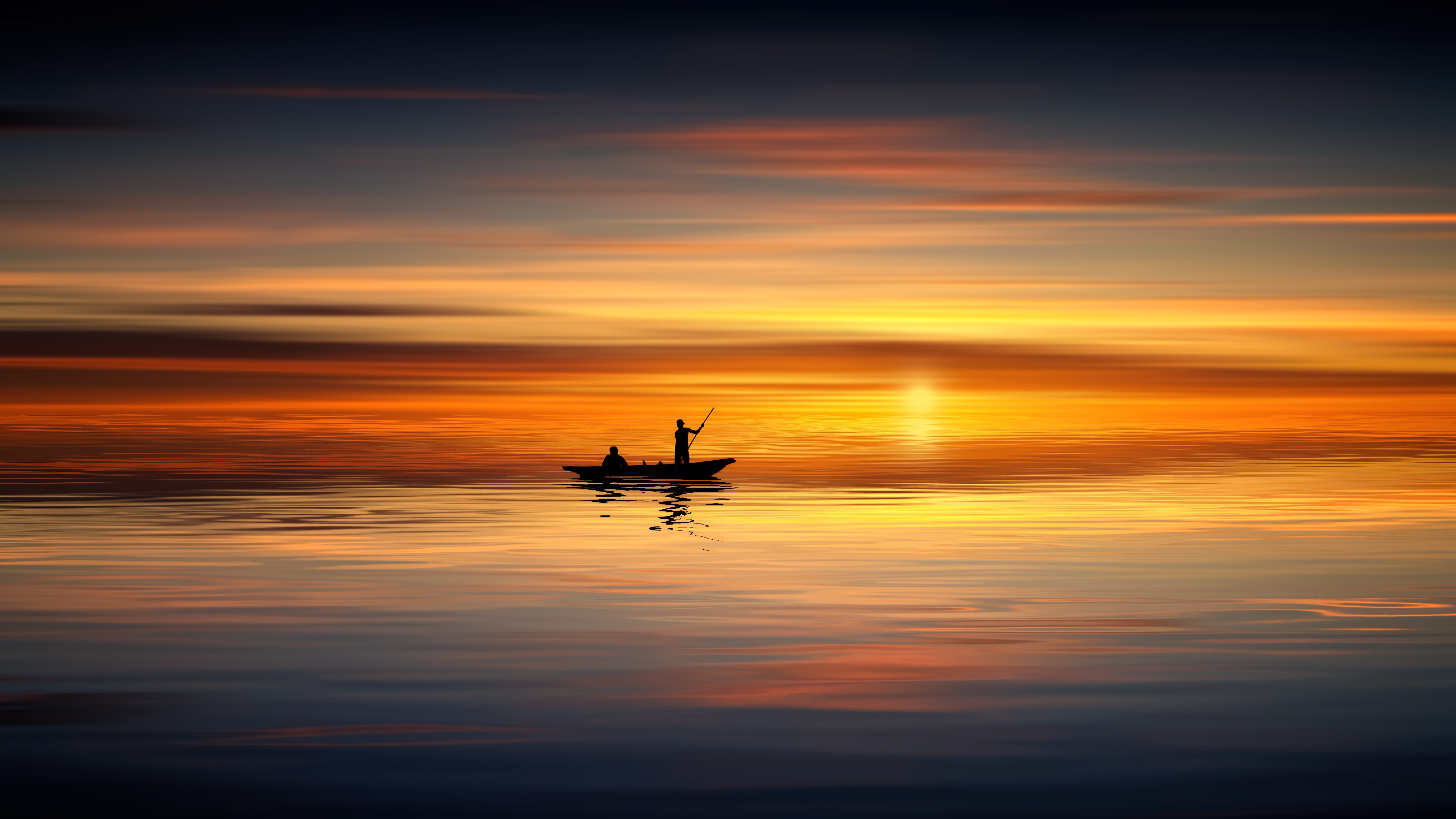 sunset ocean boat human sea water sky nature dusk sunrise 2k 4k 5k