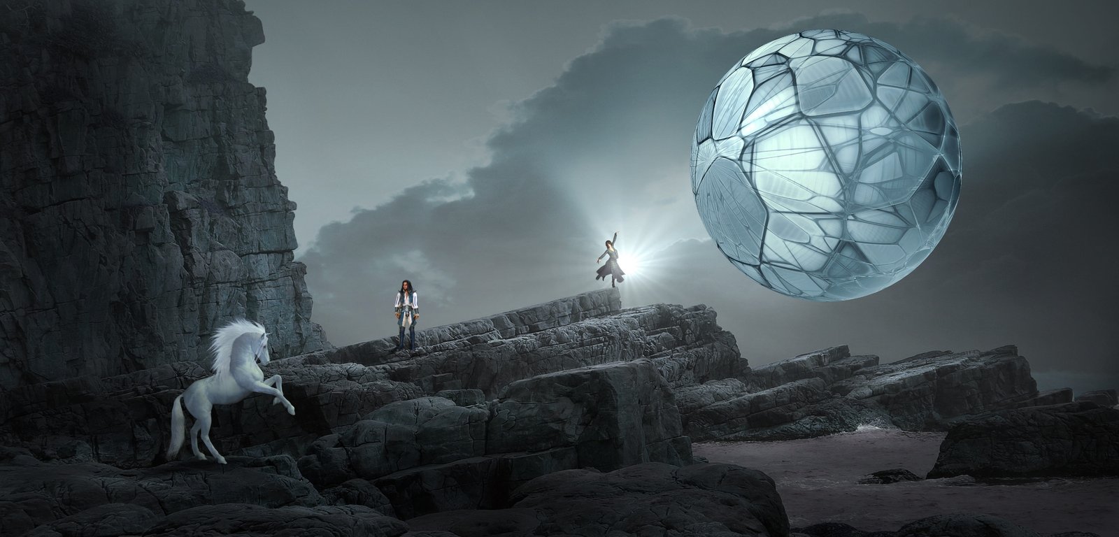 two person standing on rocks with white sphere floating and horse 2k 4k 5k