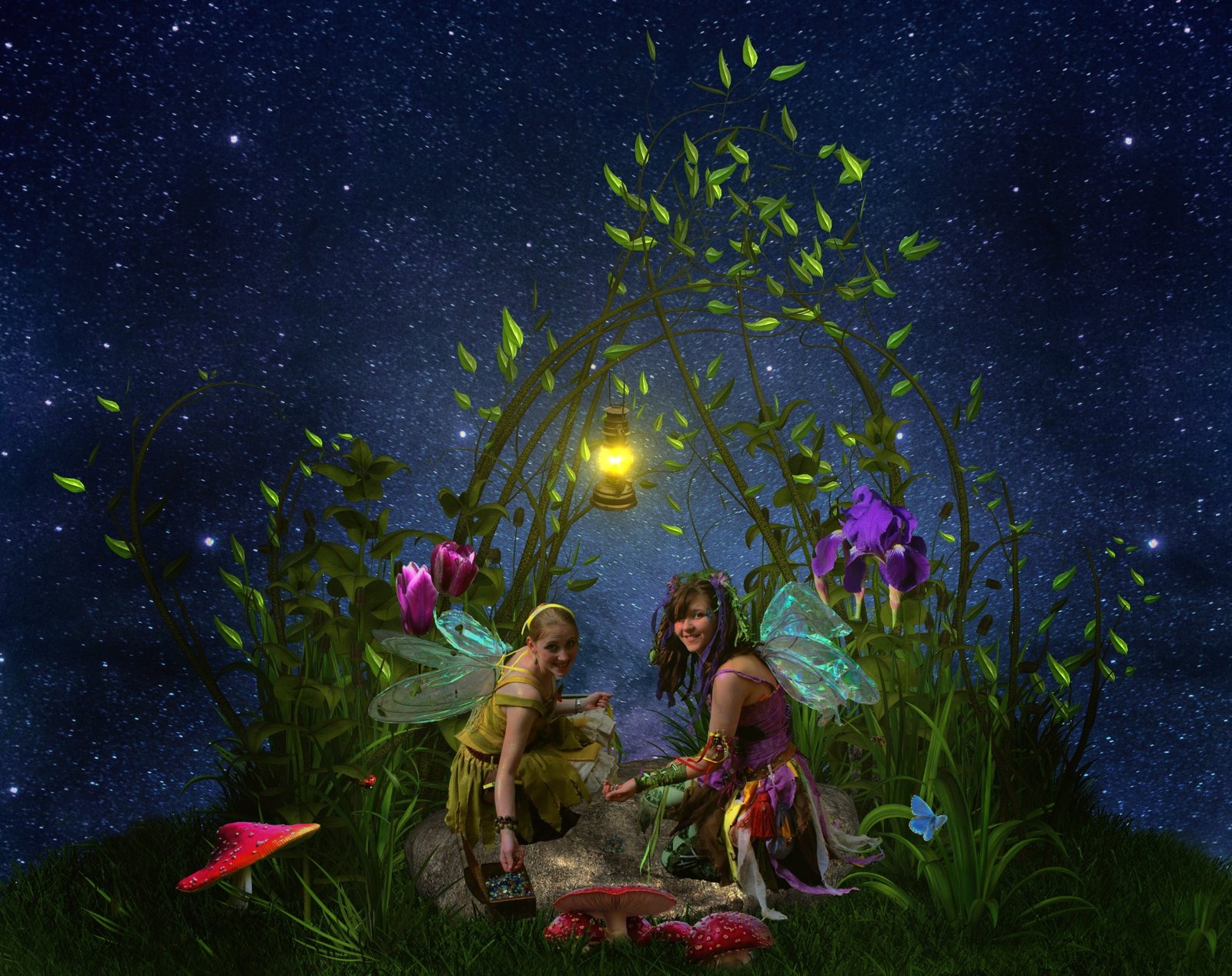 two women sitting near the flowers fee angel elf wing mystical 2k