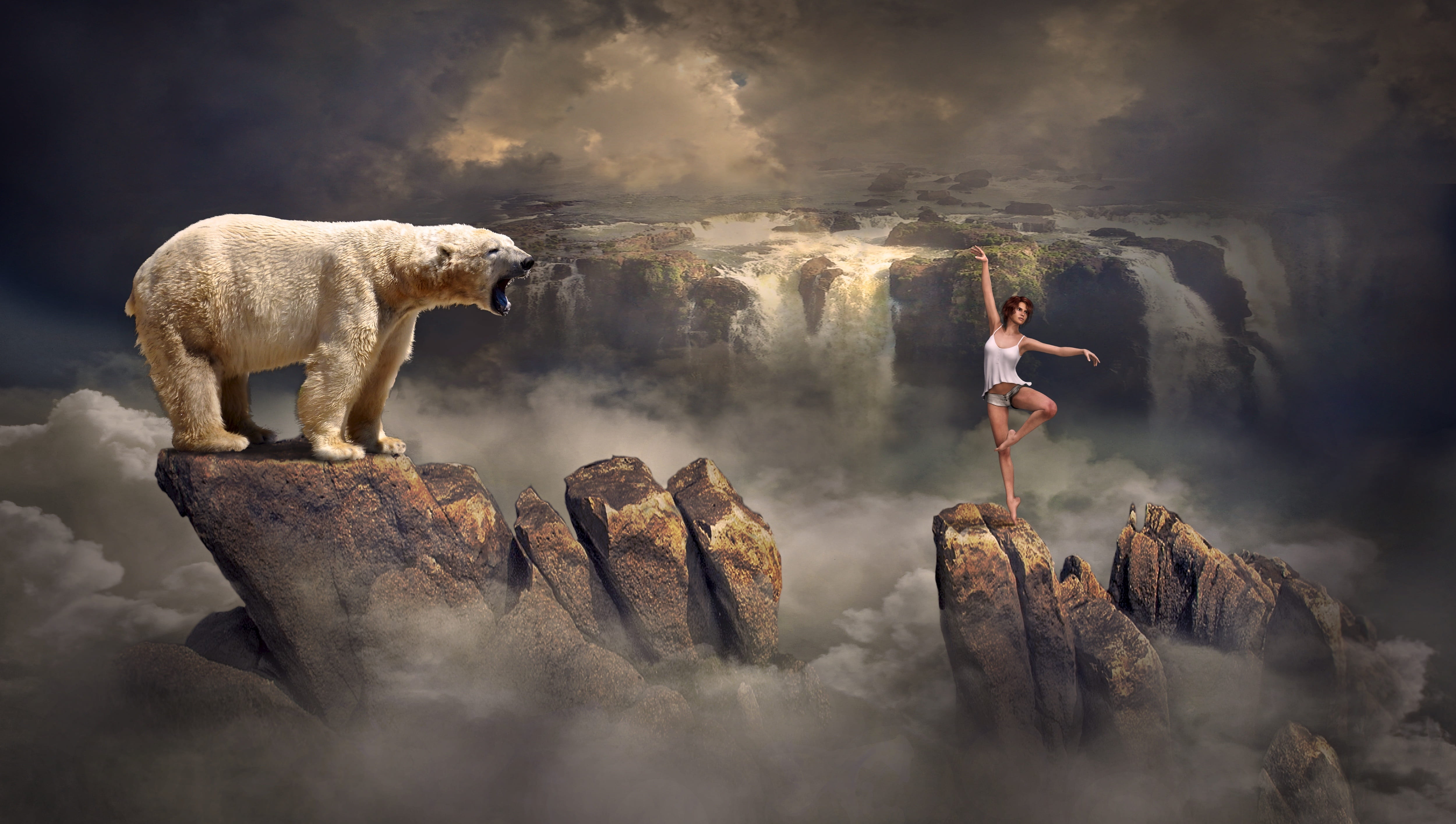 white bear on rock formation and woman standing fantasy landscape 2k 4k 5k
