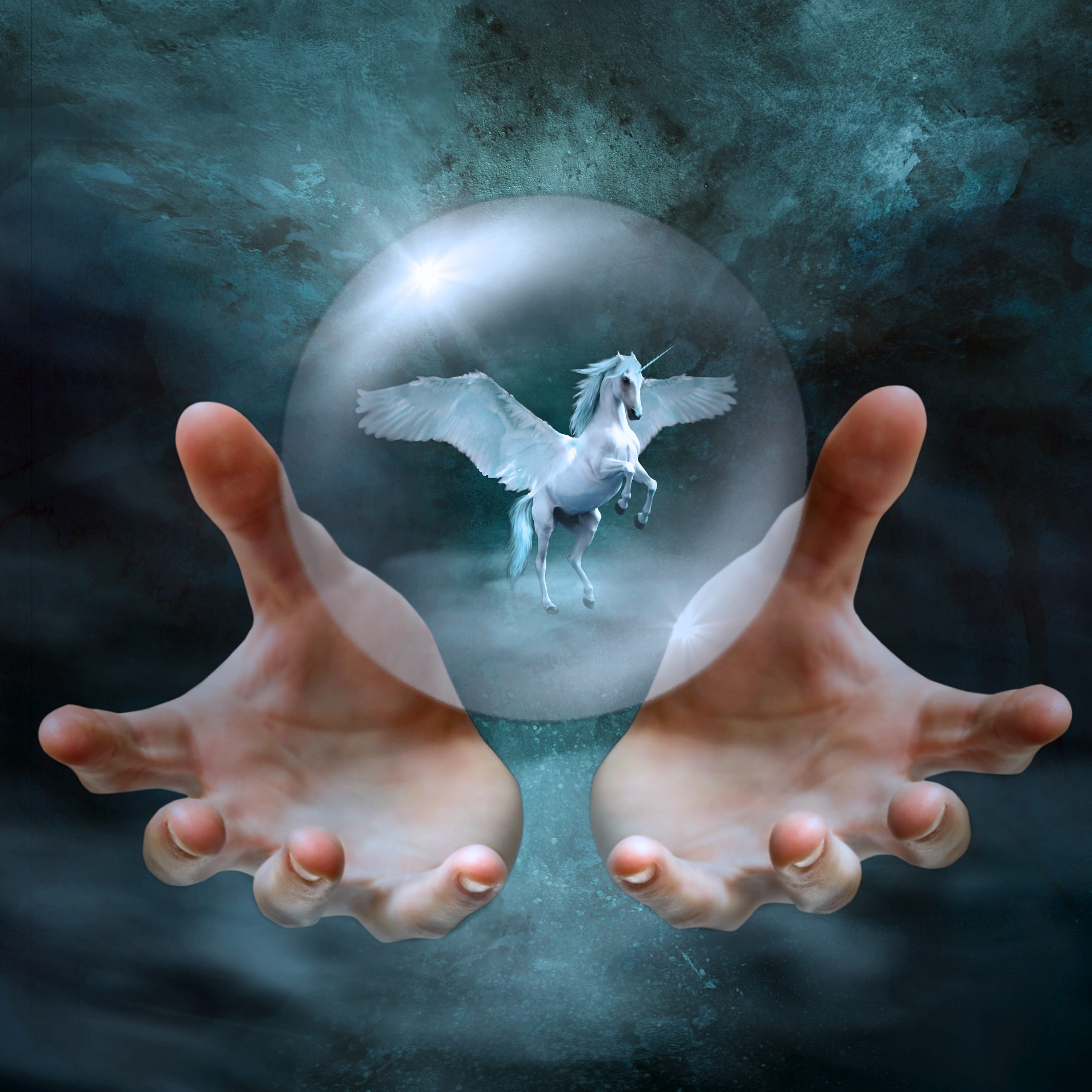 white Pegasus inside clear crystal ball cd cover fantasy hands 2k