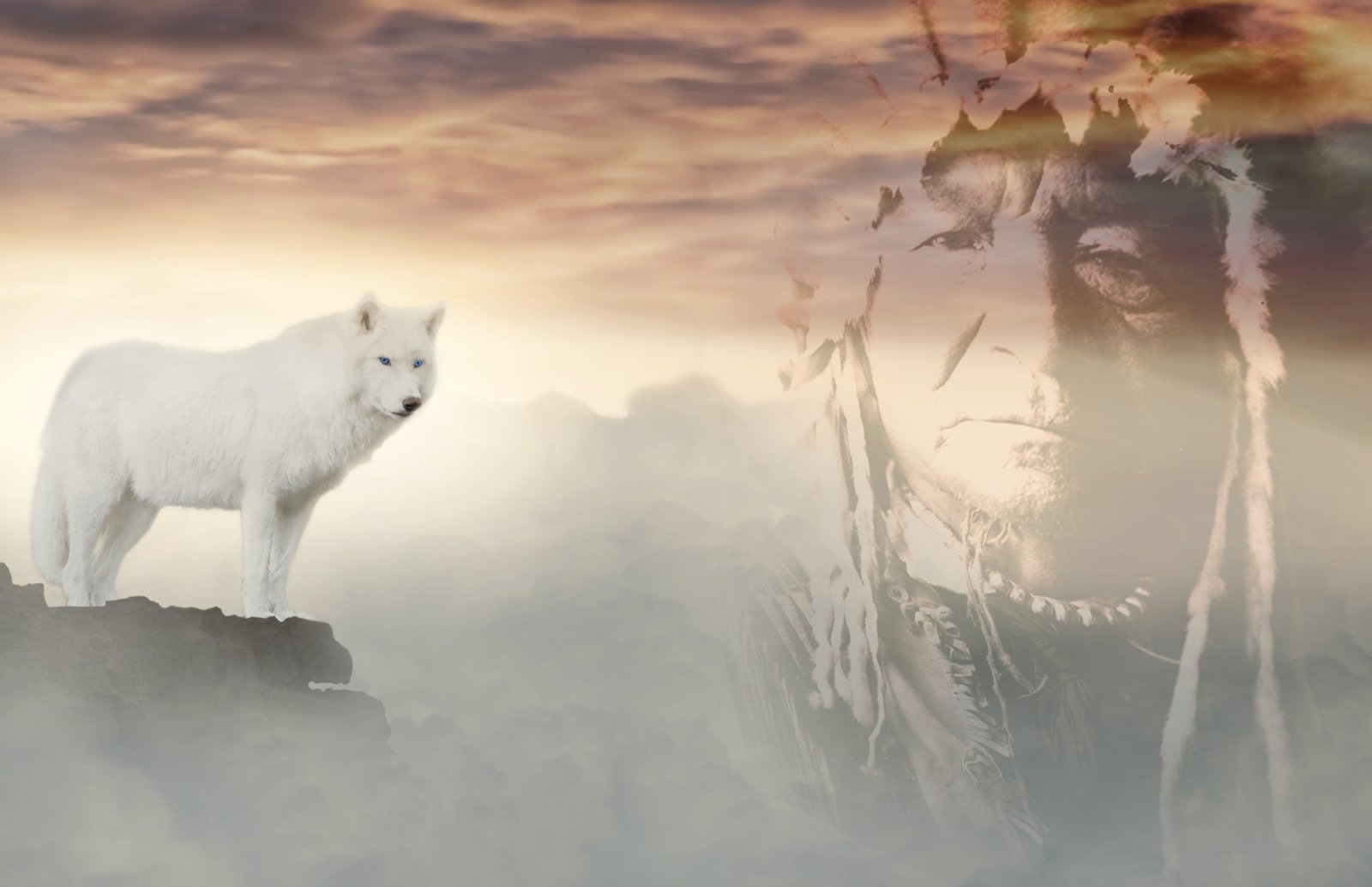 white wolf on cliff indians clouds fantasy mystical mysterious 2k 4k 5k