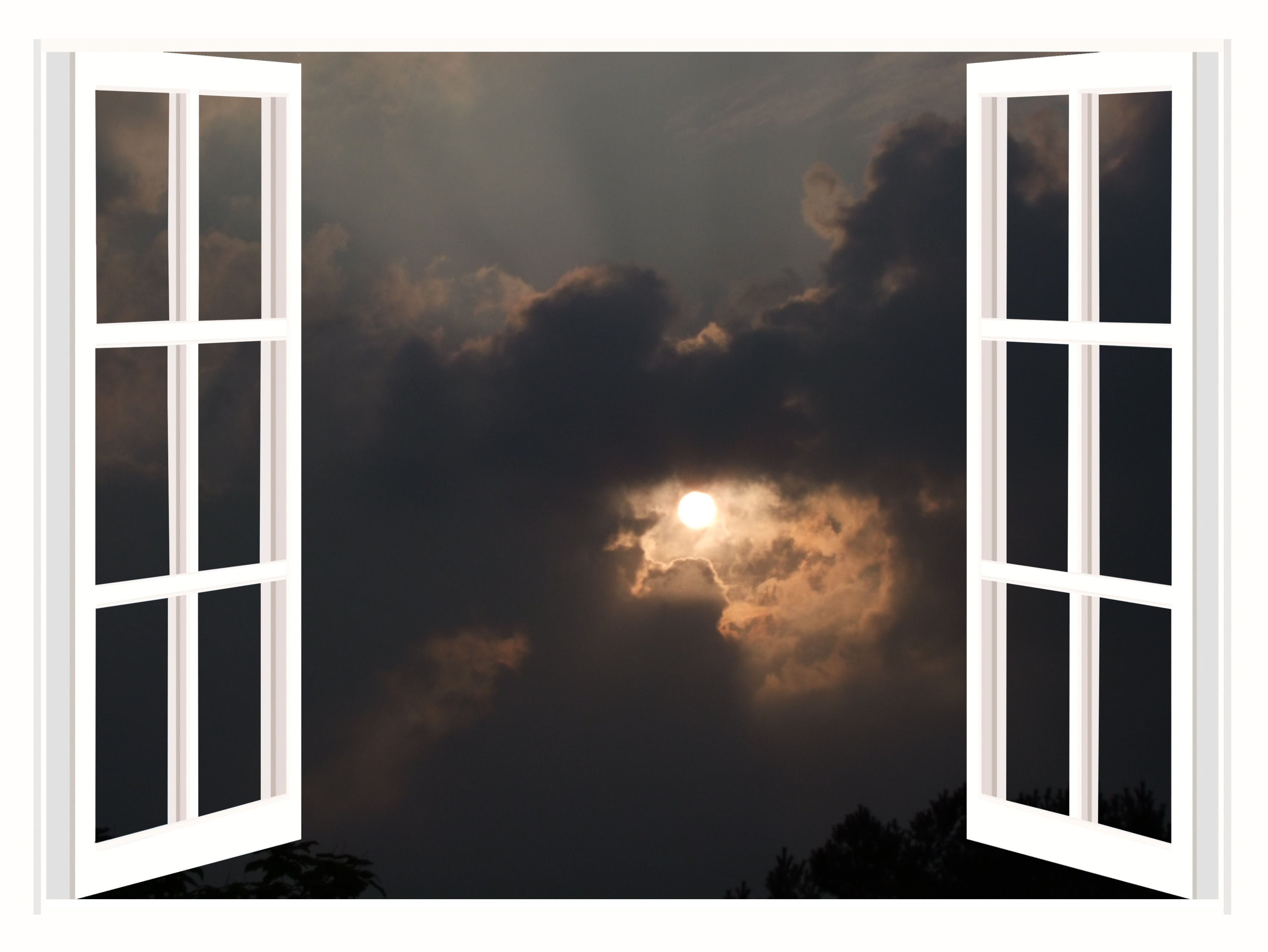 white wooden casement window night moon clouds sky 2k 4k