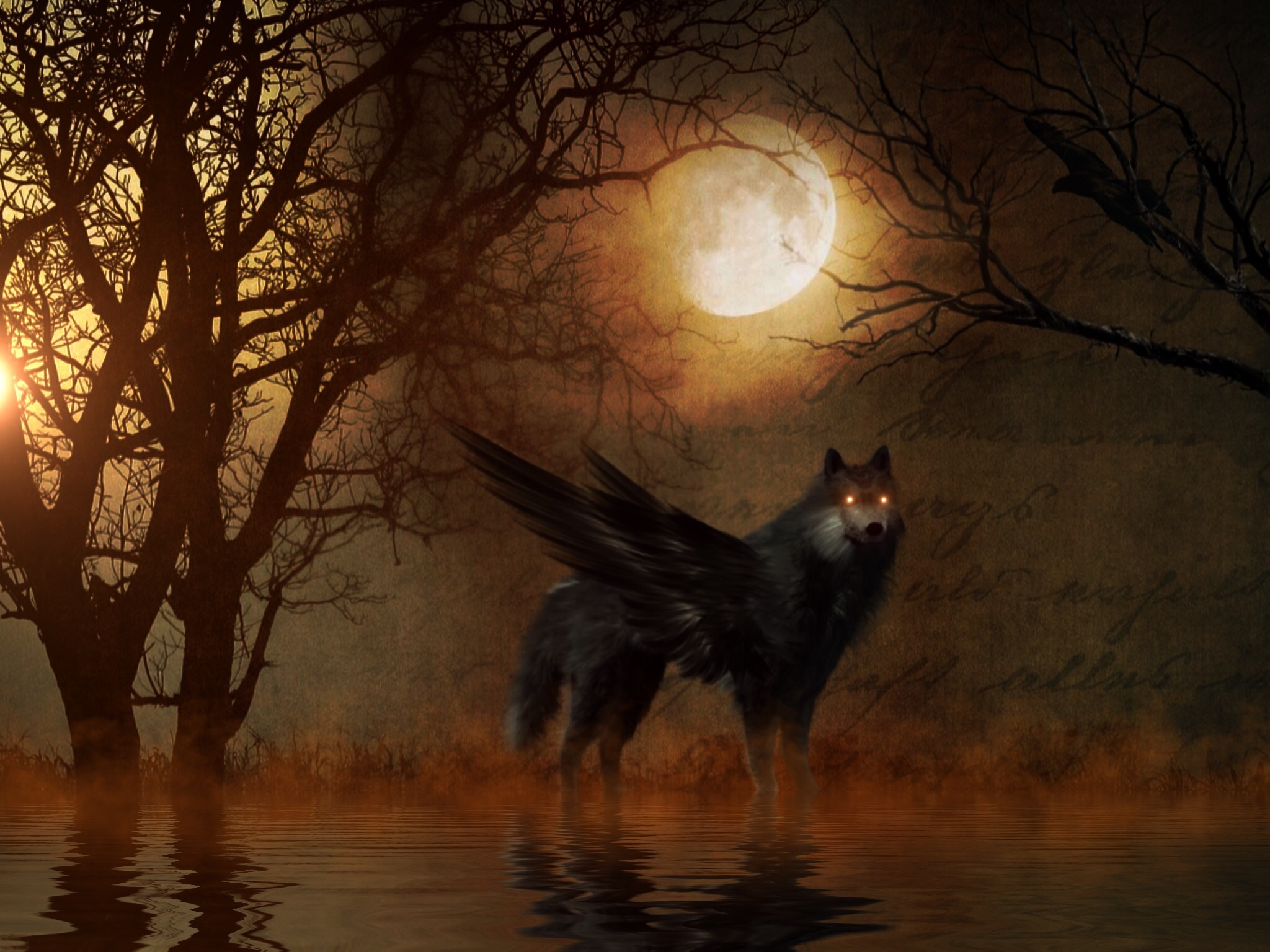 winged wolf in calm body of water during full moon painting by 2k