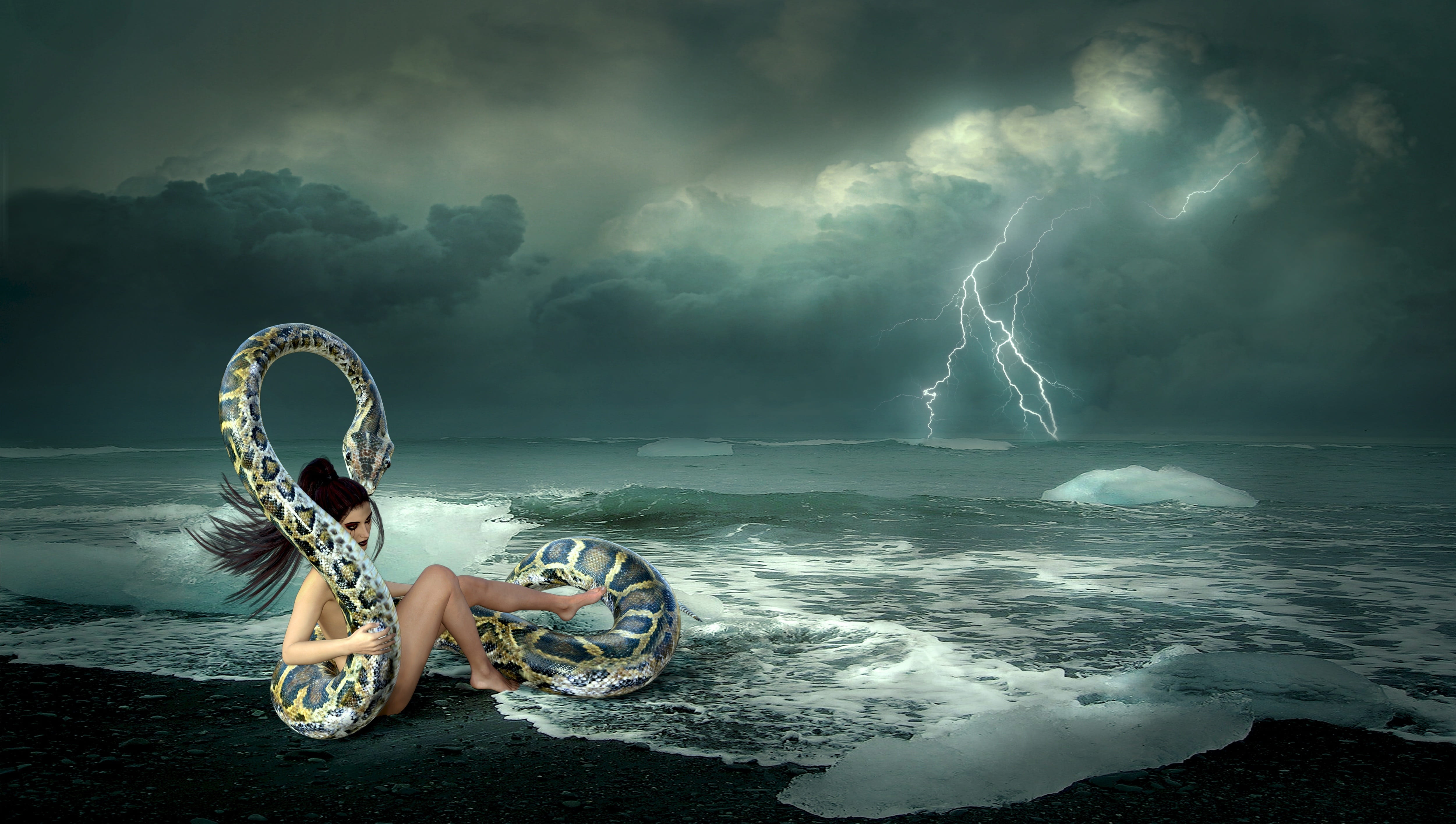 woman and python on beach under cloudy sky illustration fantasy 2k 4k 5k