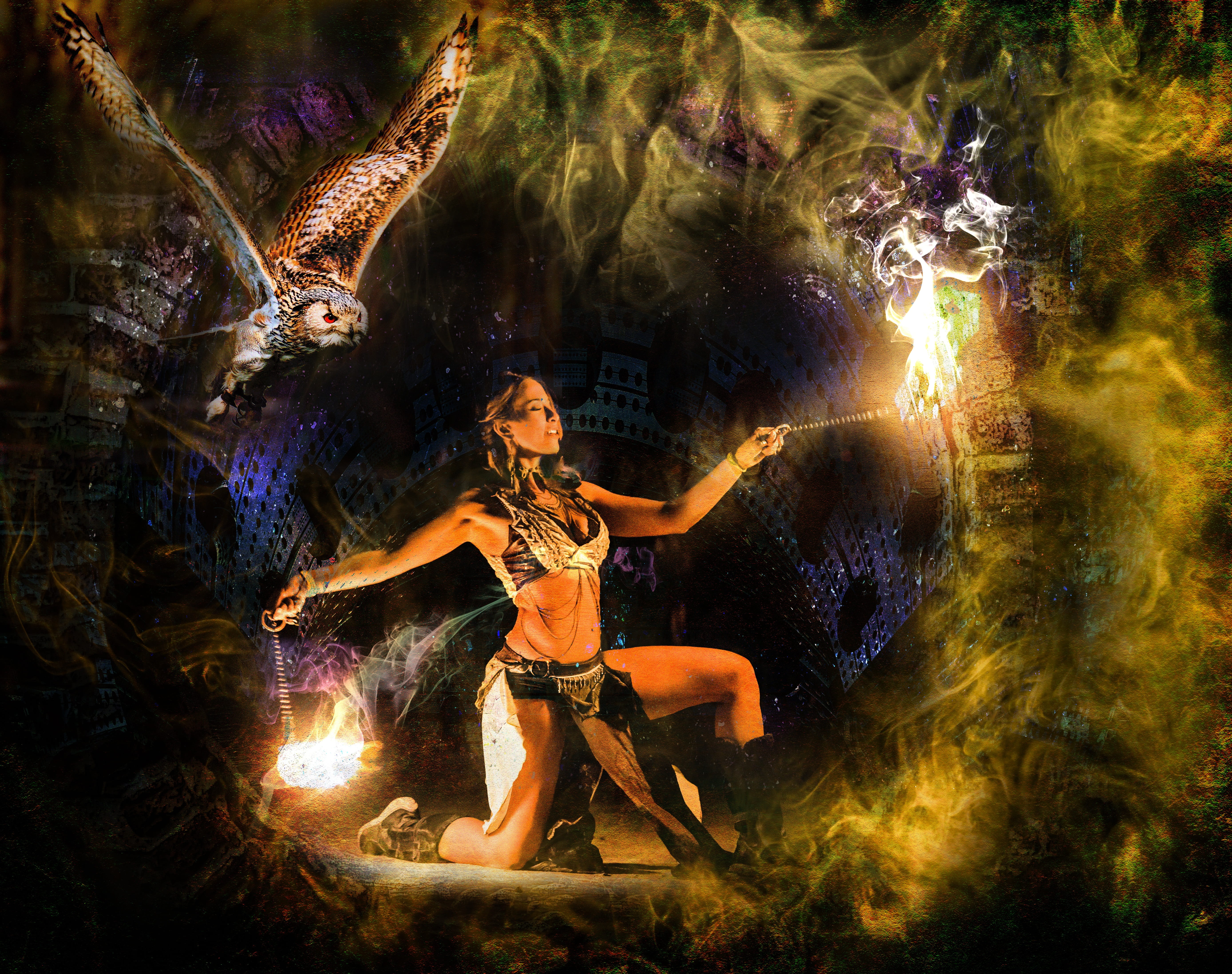 woman doing fire dance during nighttime girl smoke mystery 2k 4k 5k