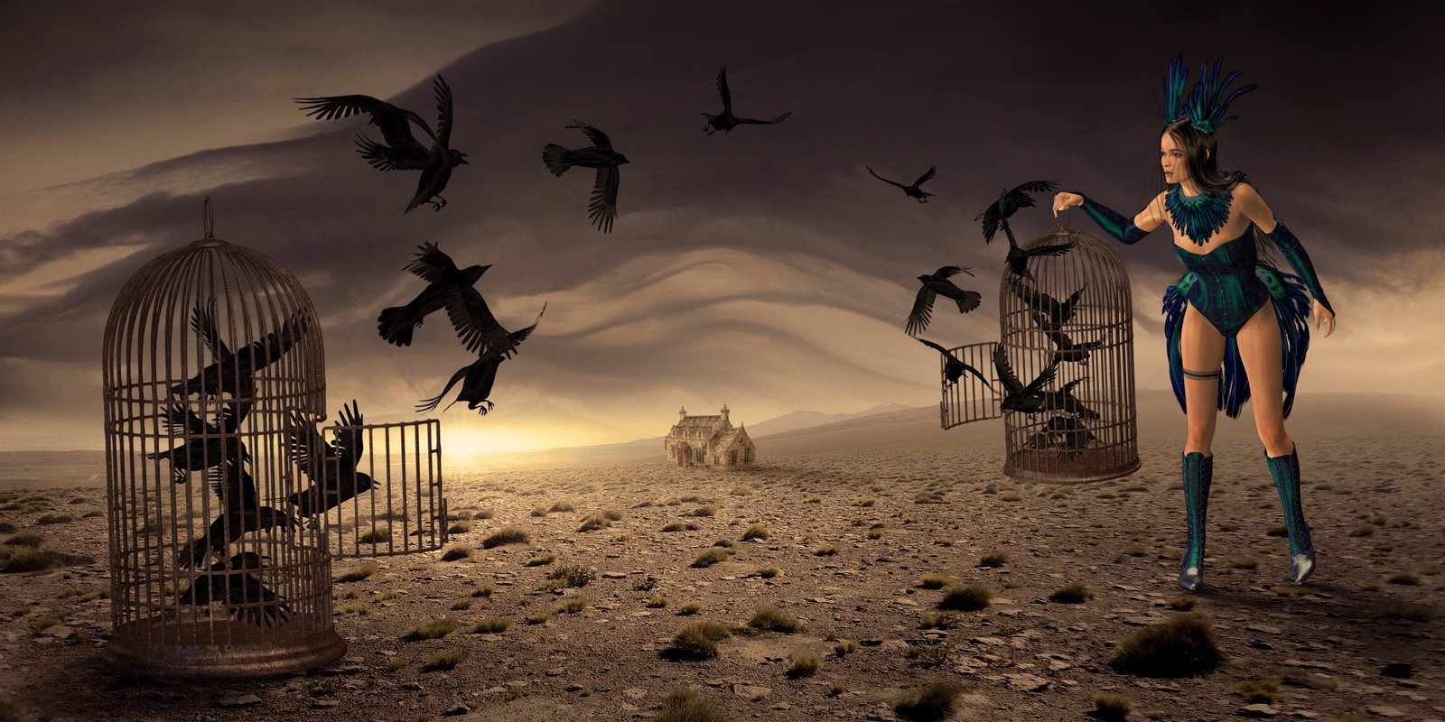 woman holding bird cage fantasy mysticism crow mood fairy tales 2k 4k