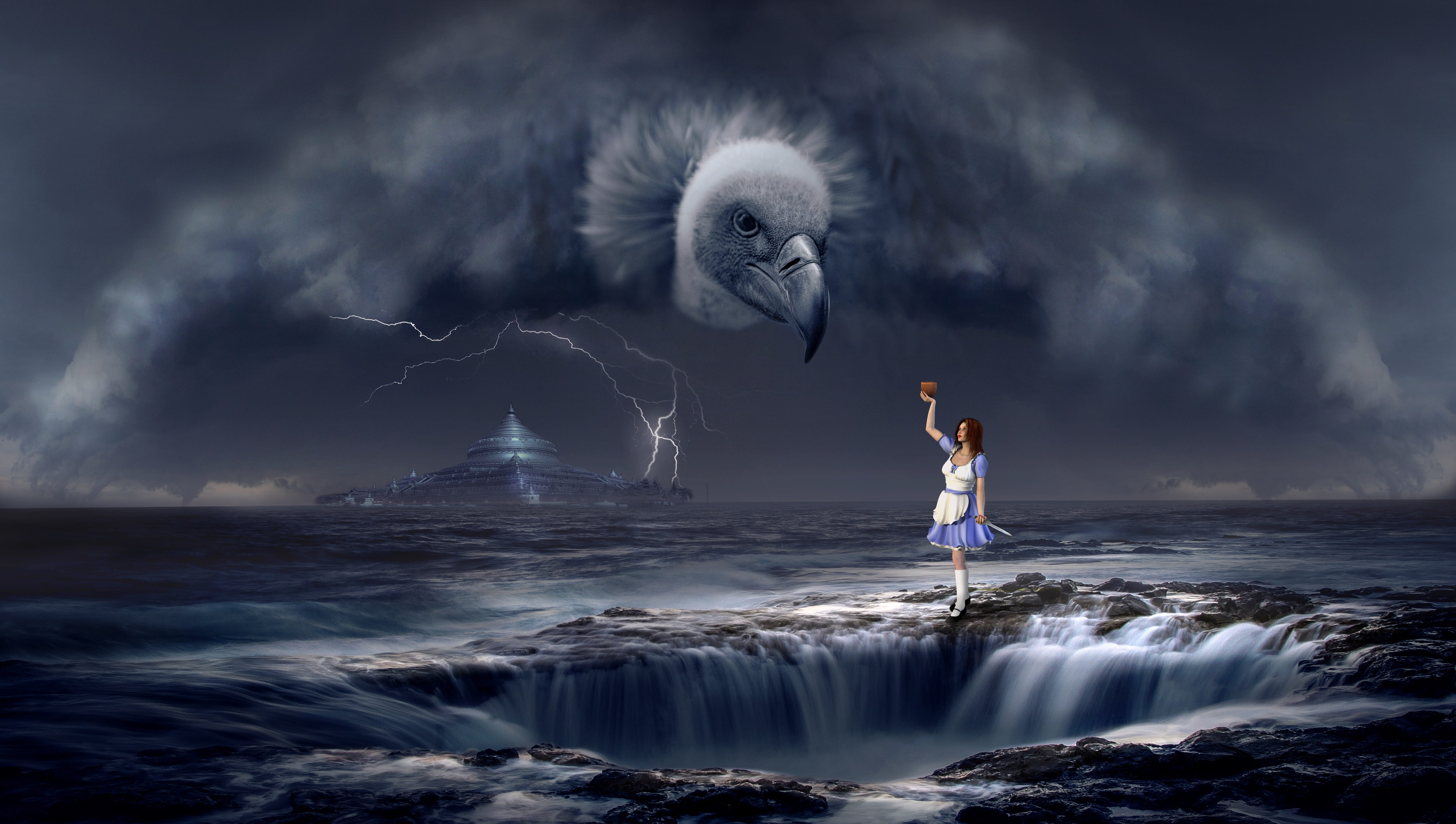 woman in white and purple dress standing on water while raising her hand towards a gray clouds 74 2k 4k 5k