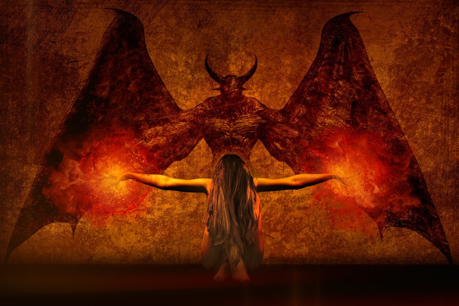 woman kneeling in front of demon artwork dark art daemon the witch 2k