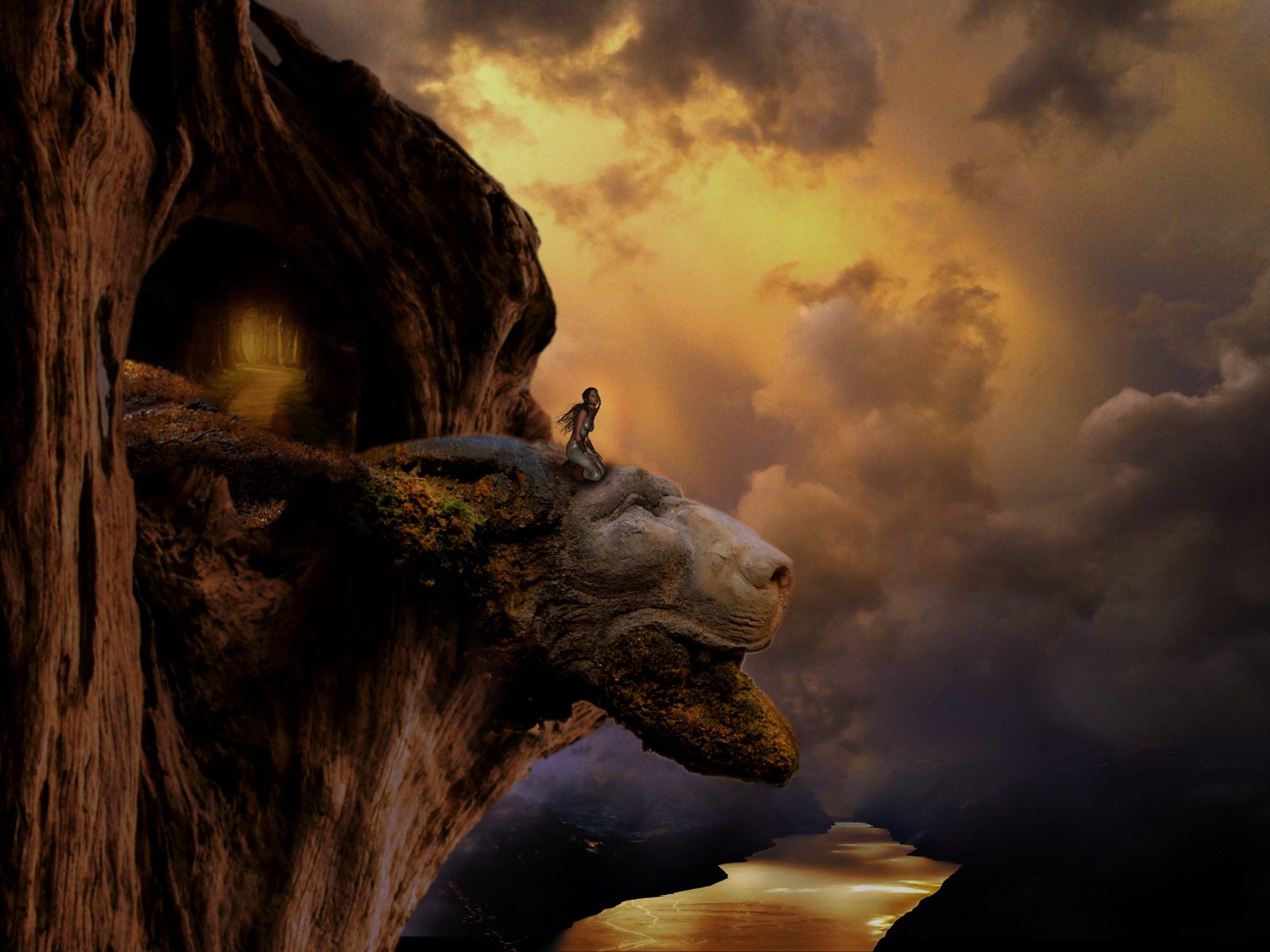 woman kneeling on cliff digital wallpaper sky nature landscape 2k 4k