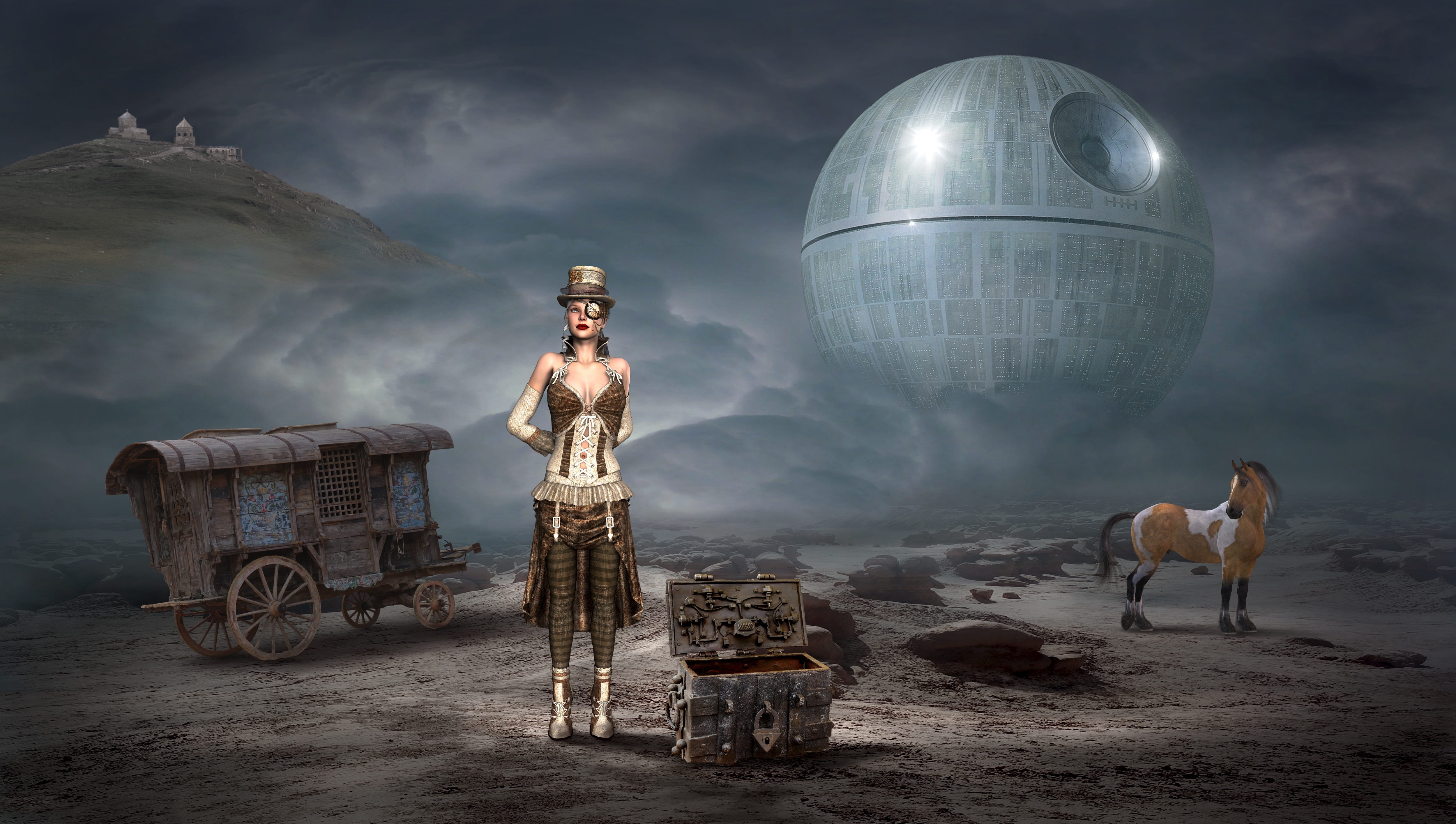 woman standing beside chest box with Star Wars Death background digital wallpaper 2k 4k 5k