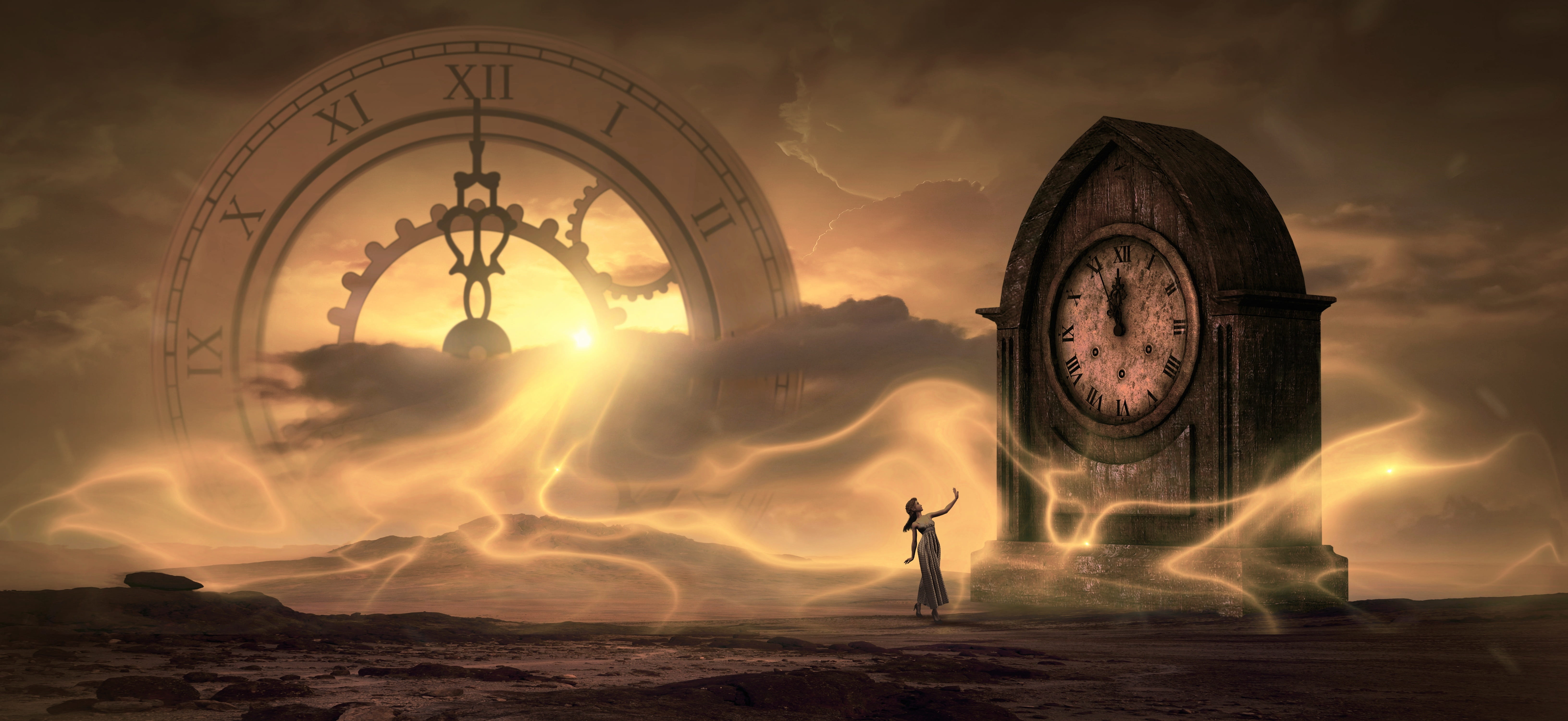 woman standing in front of clock digital wallpaper fantasy time 13 2k 4k 5k