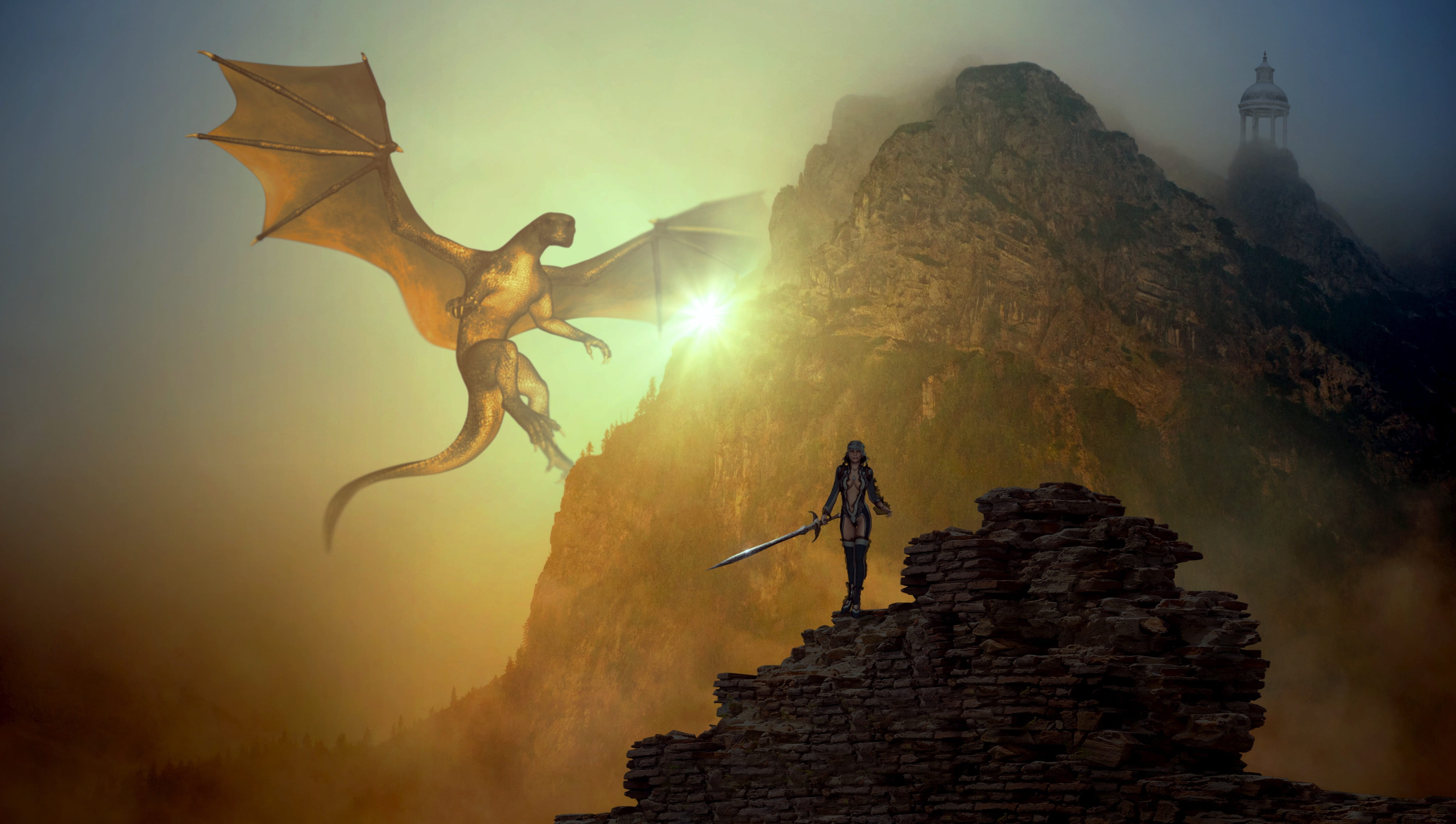 woman standing in rocky terrain fantasy dragons mountain light 2k 4k 5k