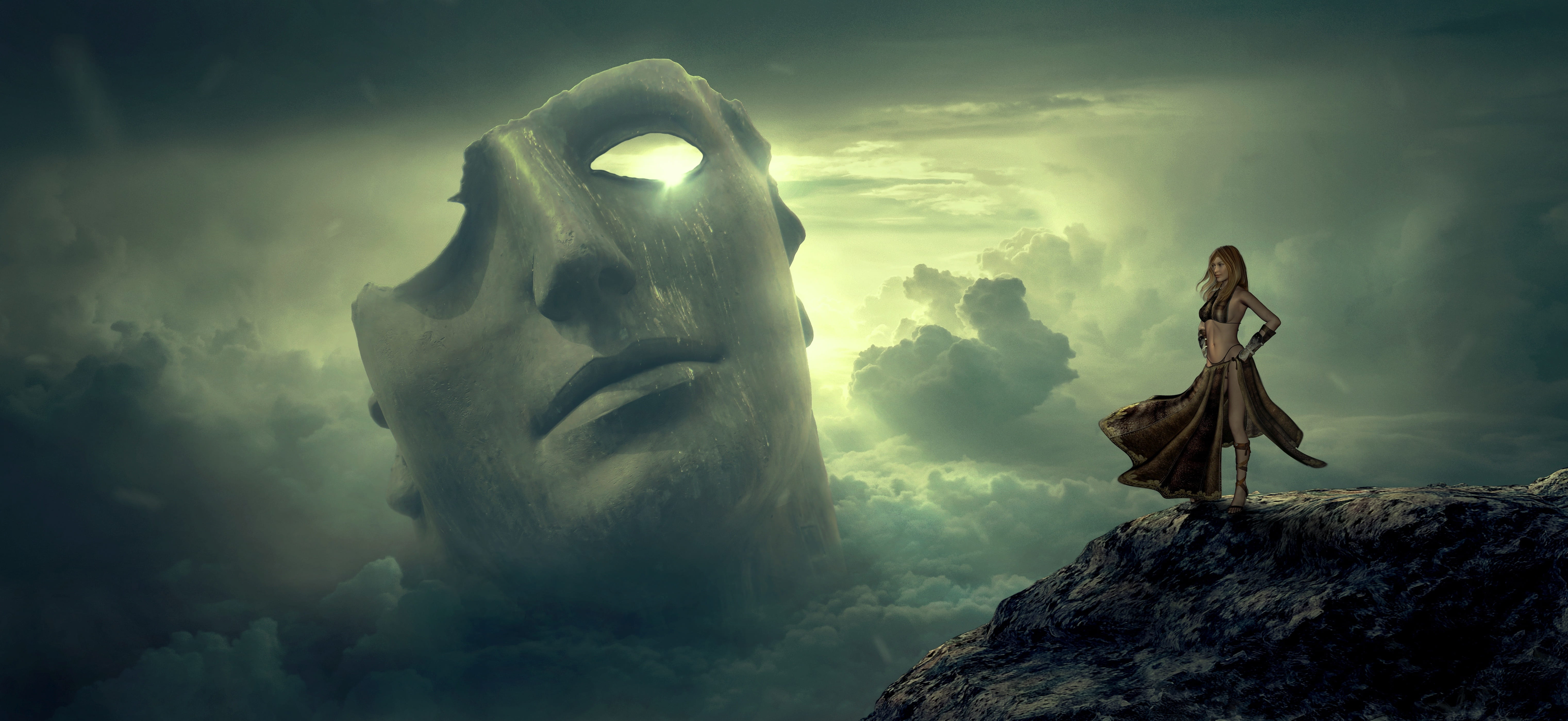 woman standing on a brown cliff wallpaper fantasy mask clouds 18 2k 4k 5k
